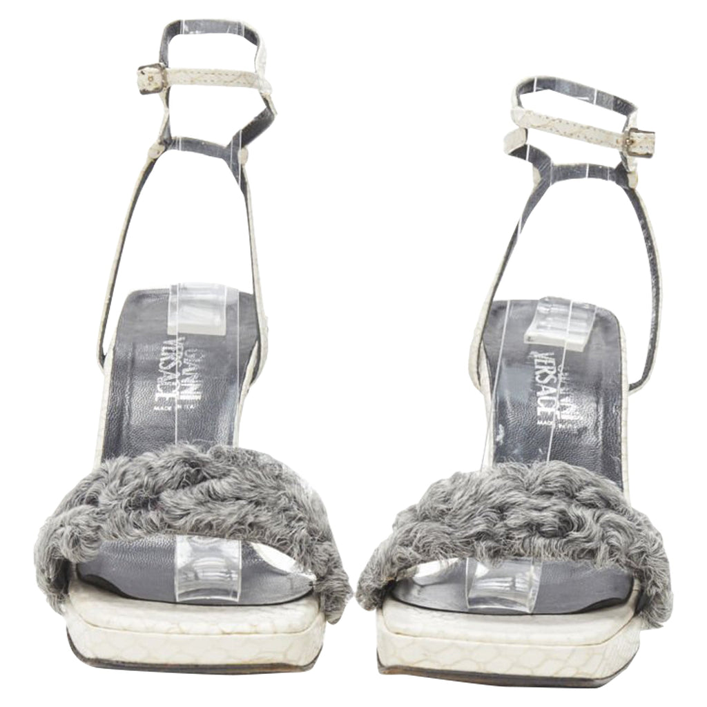 Women's Gianni Versace white grey shearling ankle strap cone heel sandal