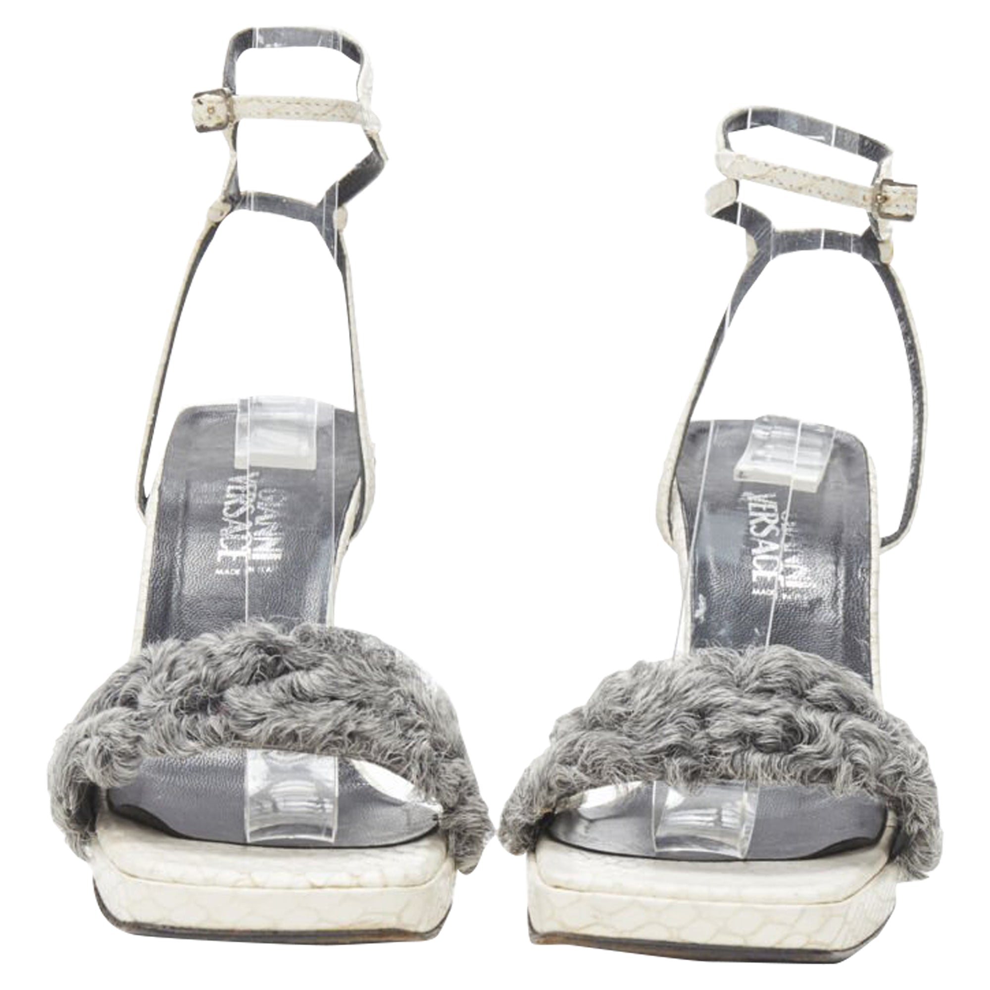 Women's Gianni Versace white grey shearling ankle strap cone heel sandal