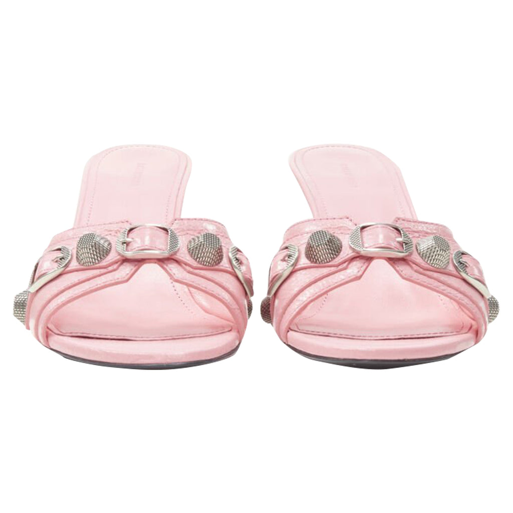 Women's Balenciaga Cagole pink leather silver studded mule heel