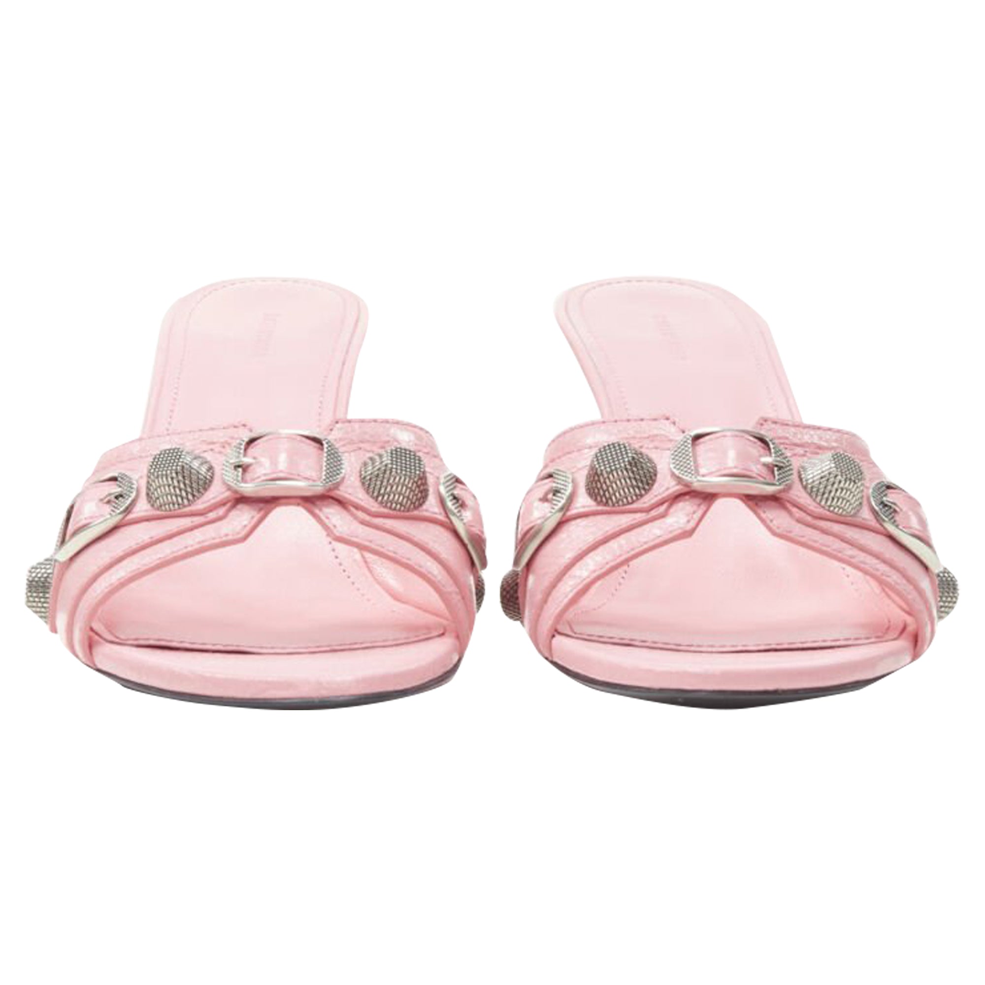 Women's Balenciaga Cagole pink leather silver studded mule heel
