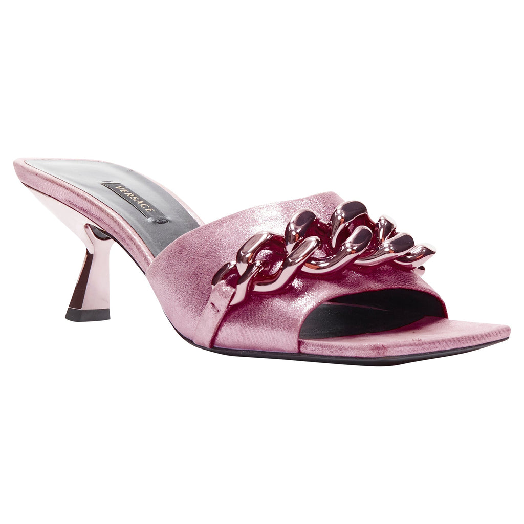Women's Versace chunky chain metallic kitten comma heel sandals