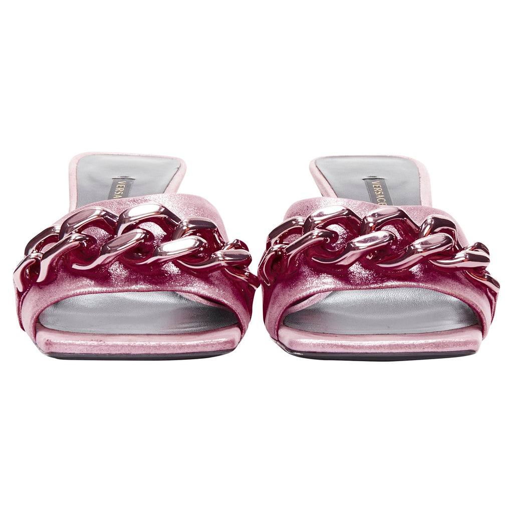 Women's Versace chunky chain metallic kitten comma heel sandals