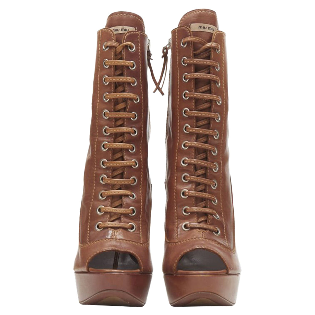 Women's Miu Miu leather peep toe platform laced up high heel bootie