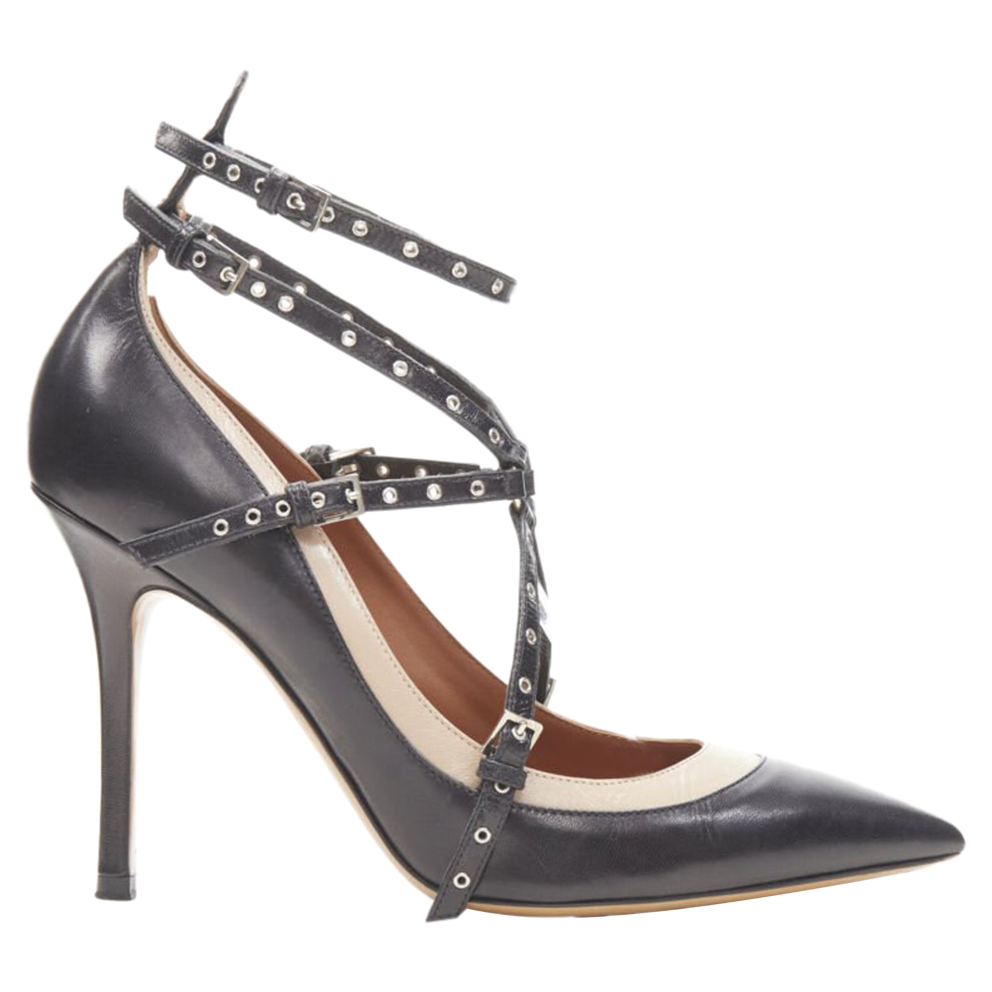 Women's Valentino Garavani leather silver grommet stud bondage harness pump