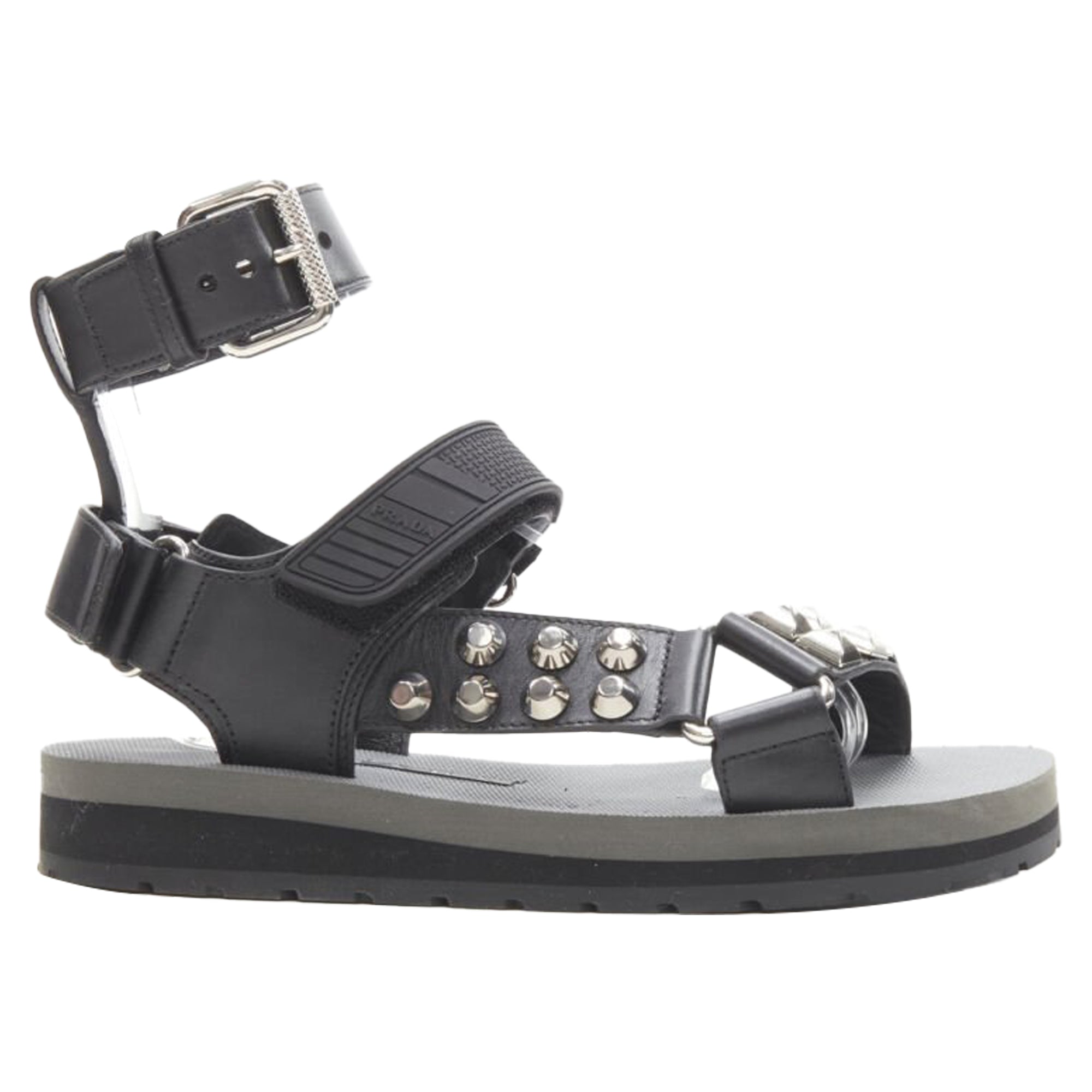 Women's Prada silver punk stud embellished sports strap gladiator sandals
