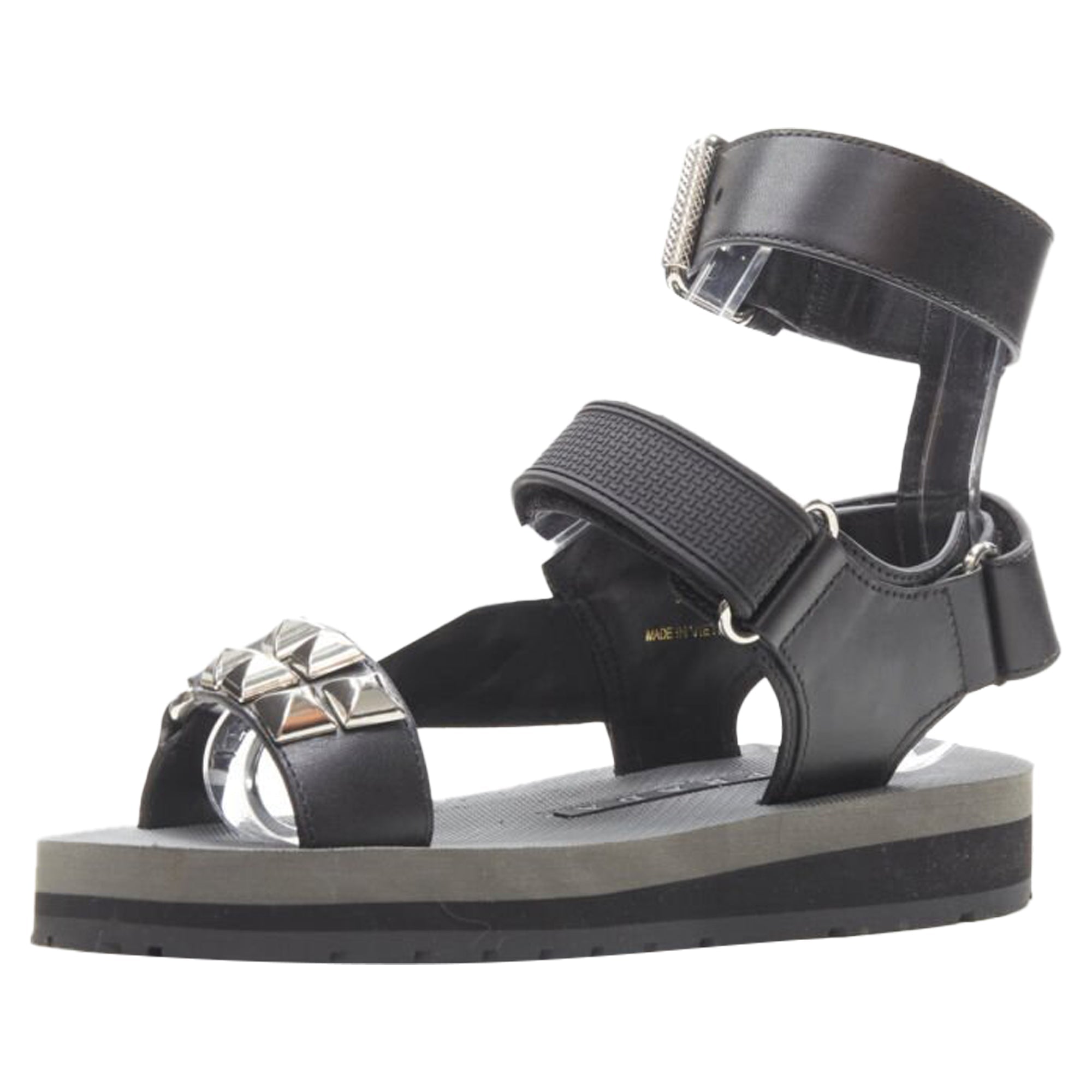 Women's Prada silver punk stud embellished sports strap gladiator sandals
