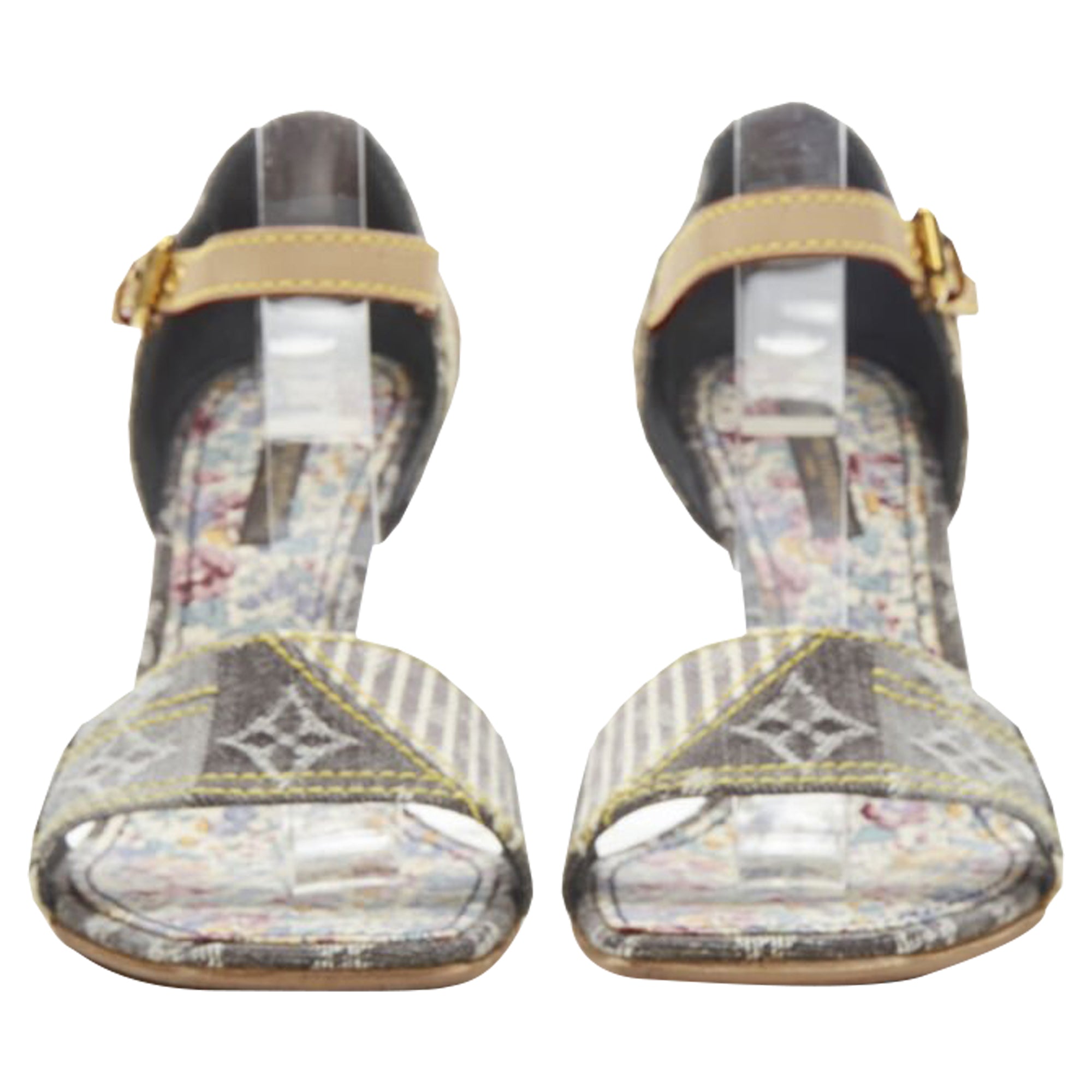 Women's Louis Vuitton denim patchwork buckle vachetta strap wooden heel sandal