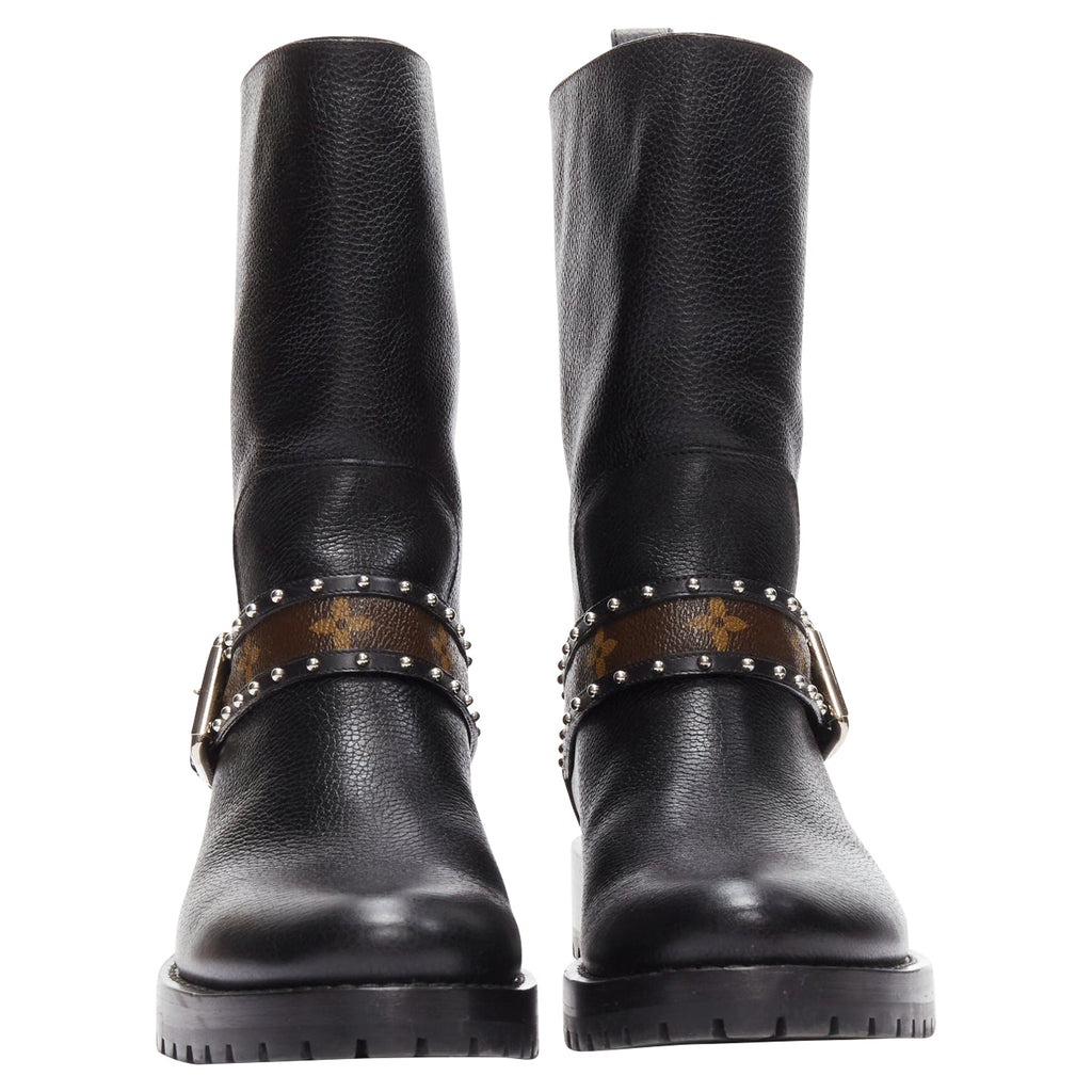 Women's Louis Vuitton LV monogram top strap pull on motorcycle boots