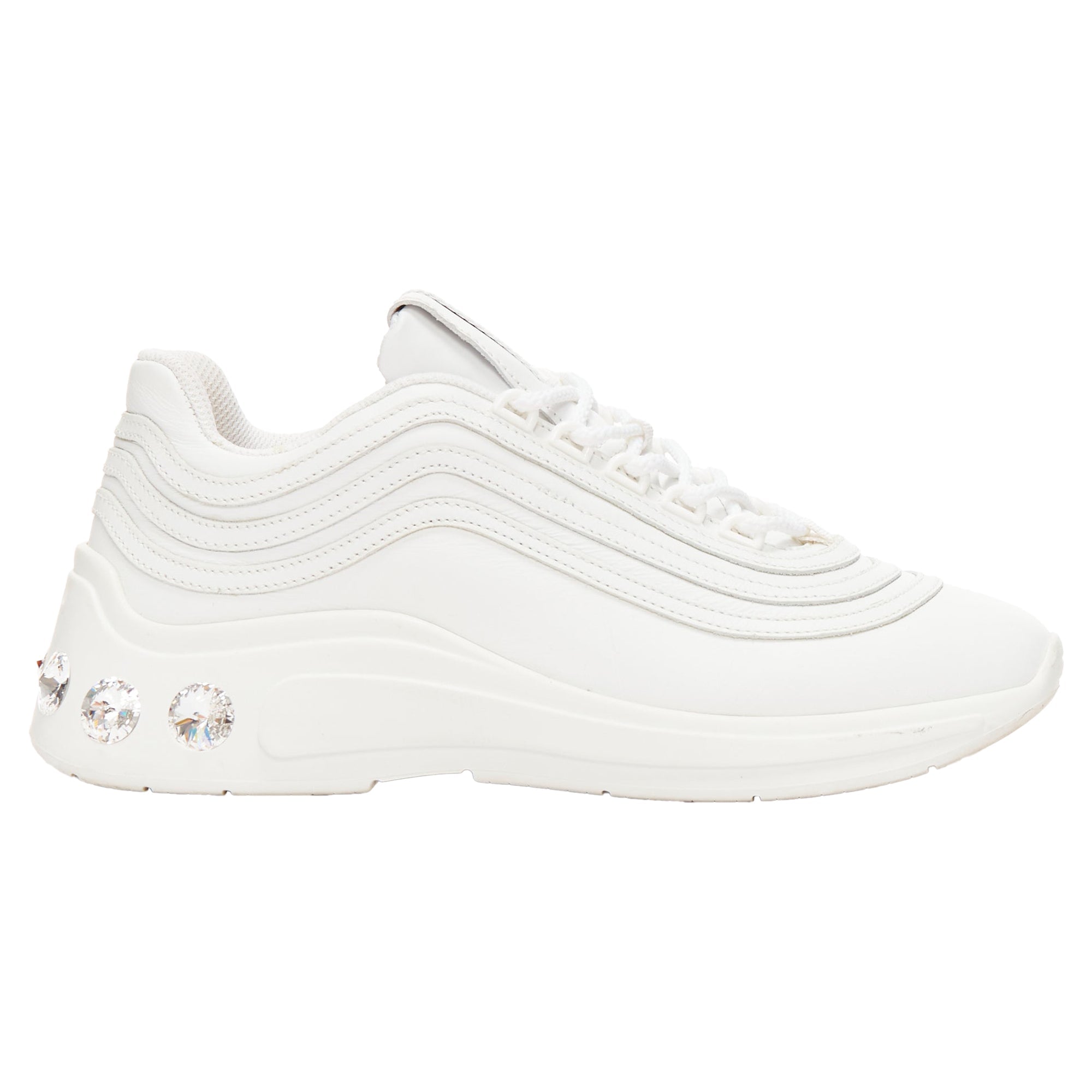 Women's Miu Miu Leather Logo Tongue Crystal Heels Chunky Sneakers