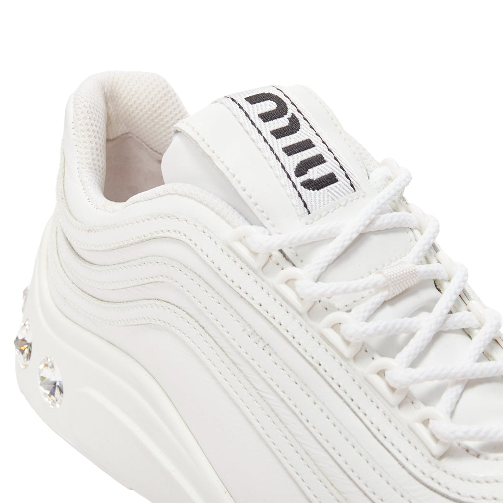 Women's Miu Miu Leather Logo Tongue Crystal Heels Chunky Sneakers