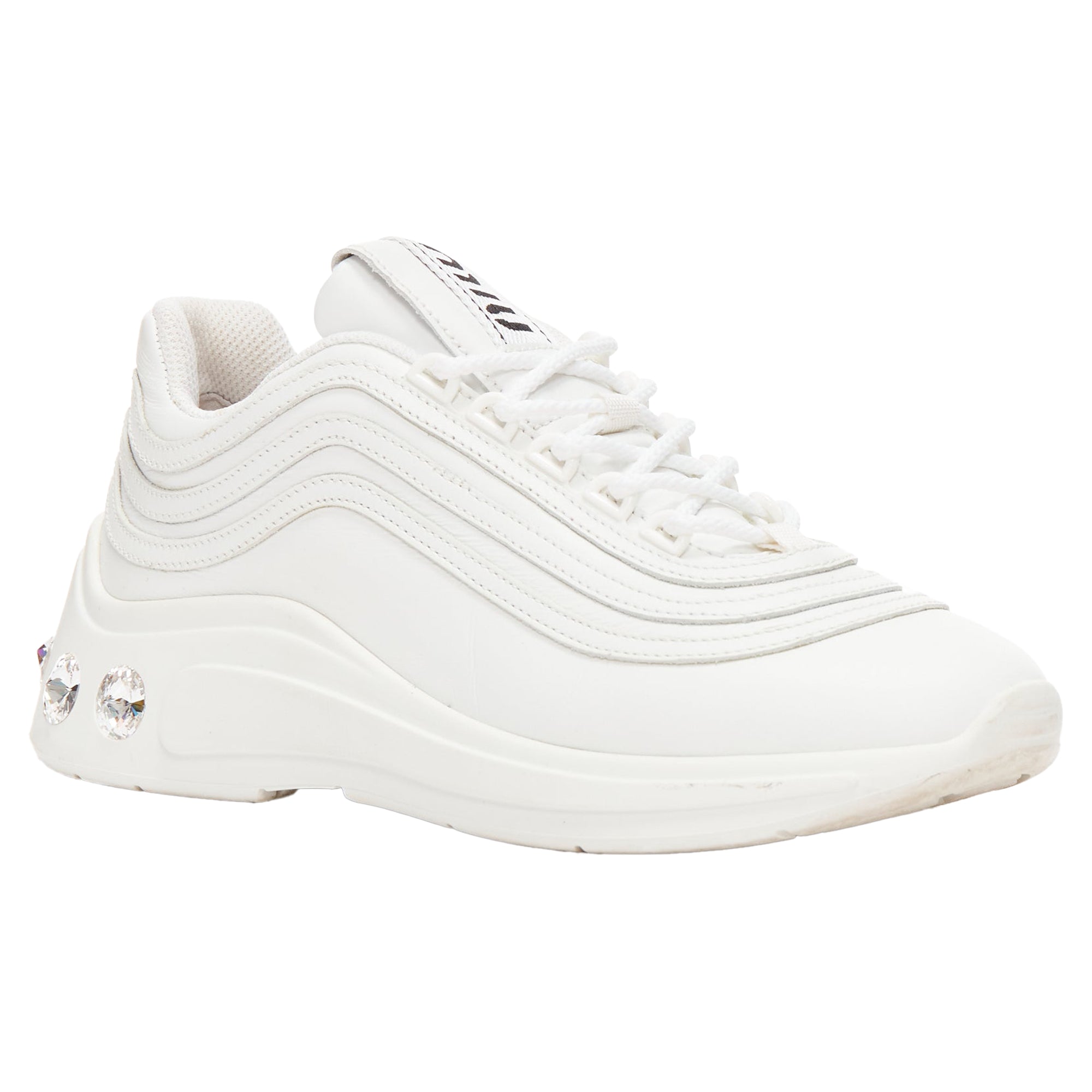 Women's Miu Miu Leather Logo Tongue Crystal Heels Chunky Sneakers