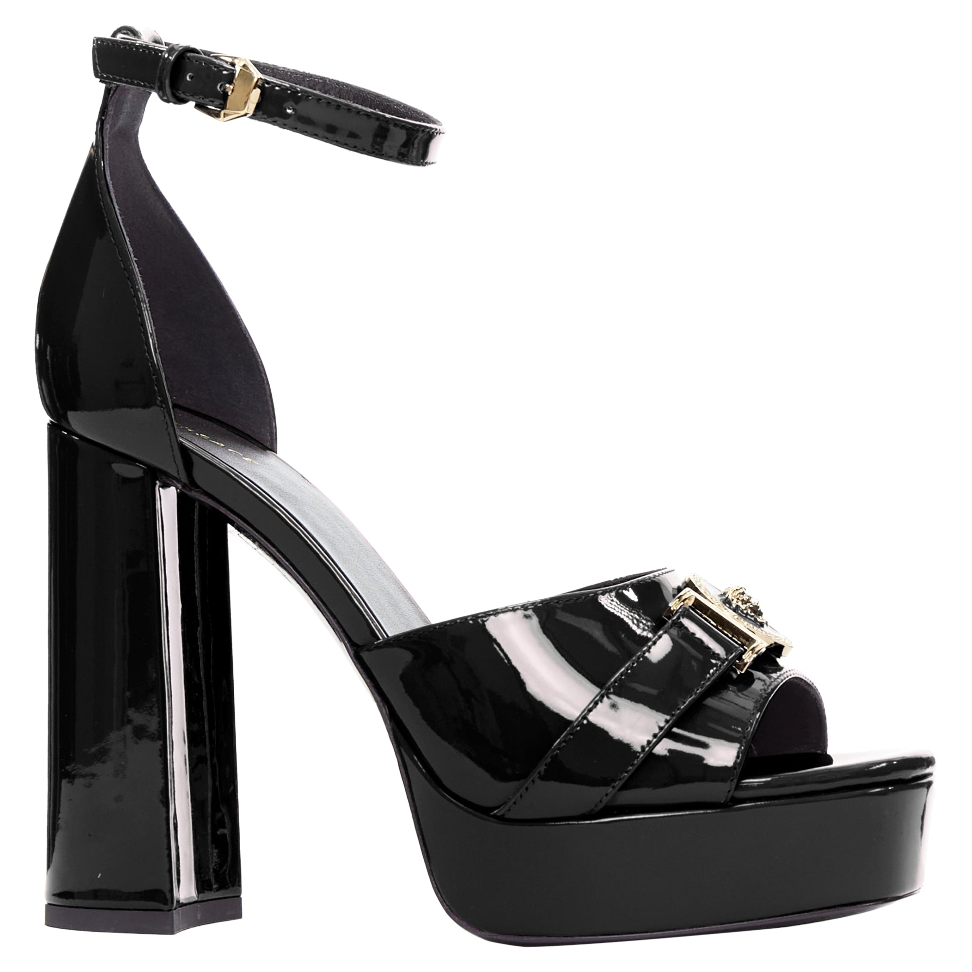 Women's Versace Tribute black patent gold Medusa open toe platform sandal
