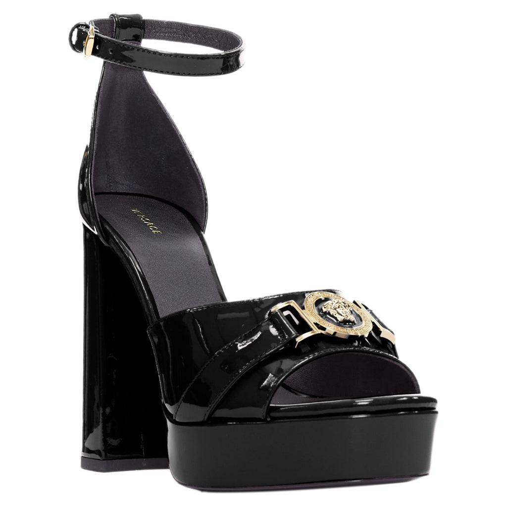Women's Versace Tribute black patent gold Medusa open toe platform sandal