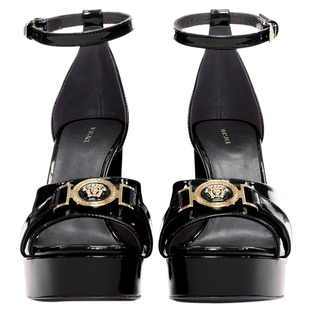 Women's Versace Tribute black patent gold Medusa open toe platform sandal