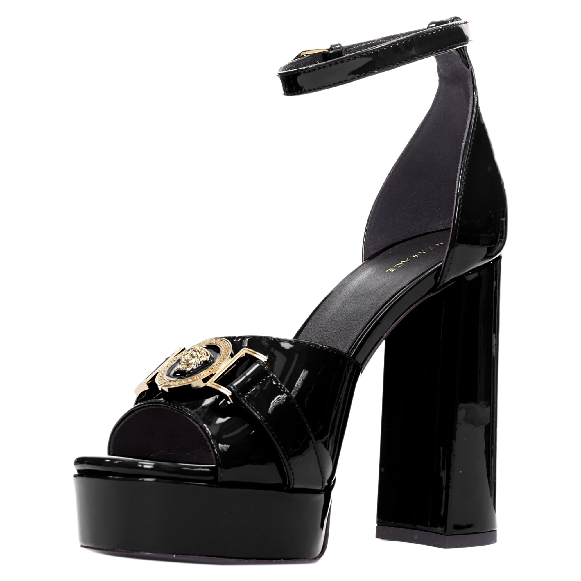 Women's Versace Tribute black patent gold Medusa open toe platform sandal