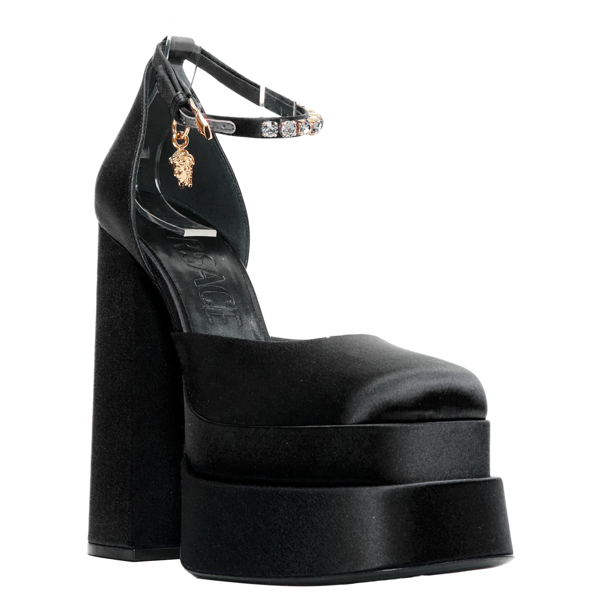 Women's Versace Aevitas Satin Gold Crystal Medusa Double Platform
