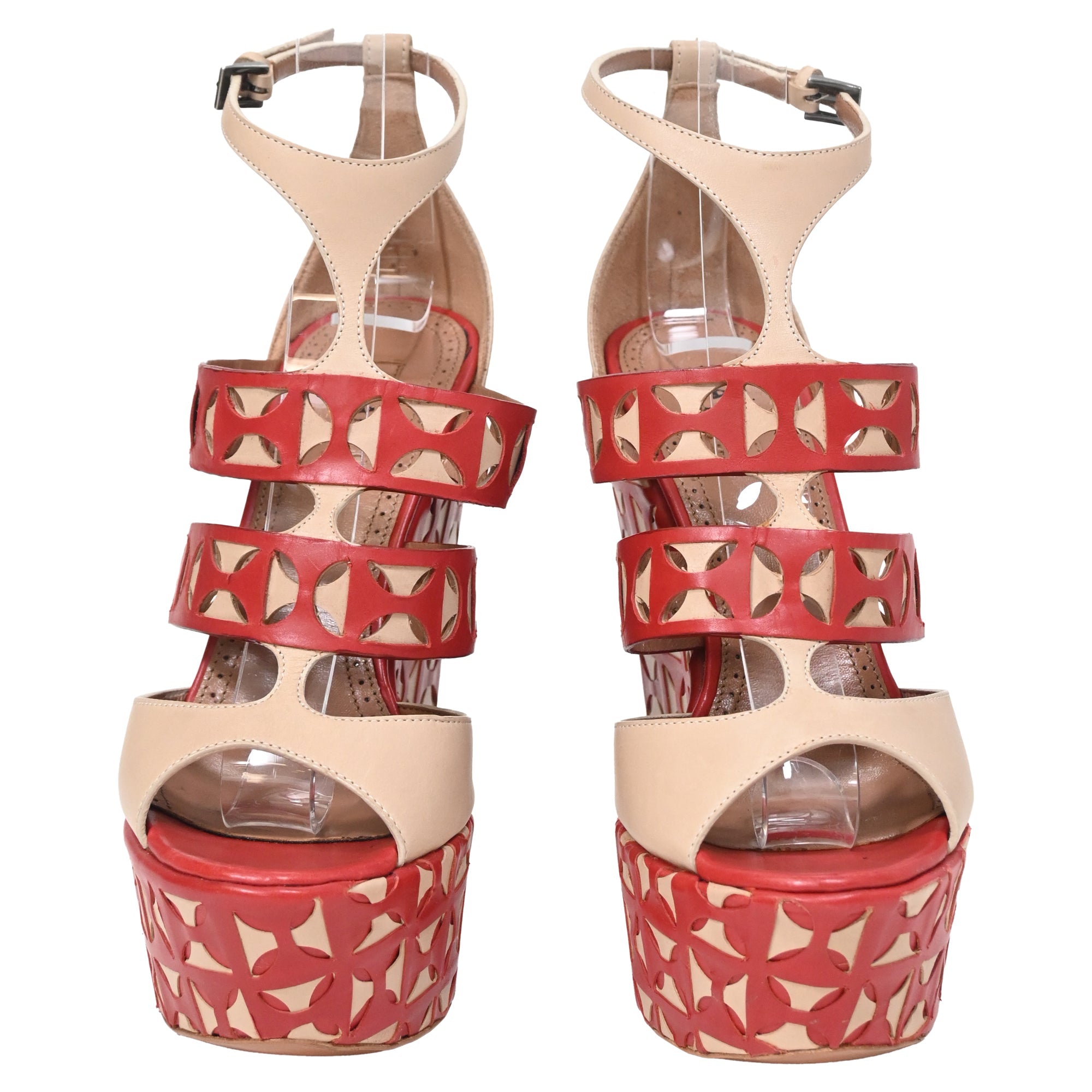Alaïa Laser Cut Wedges in Red Leather