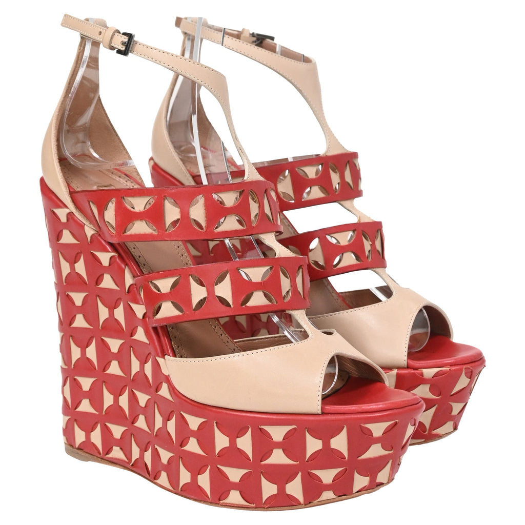 Alaïa Laser Cut Wedges in Red Leather