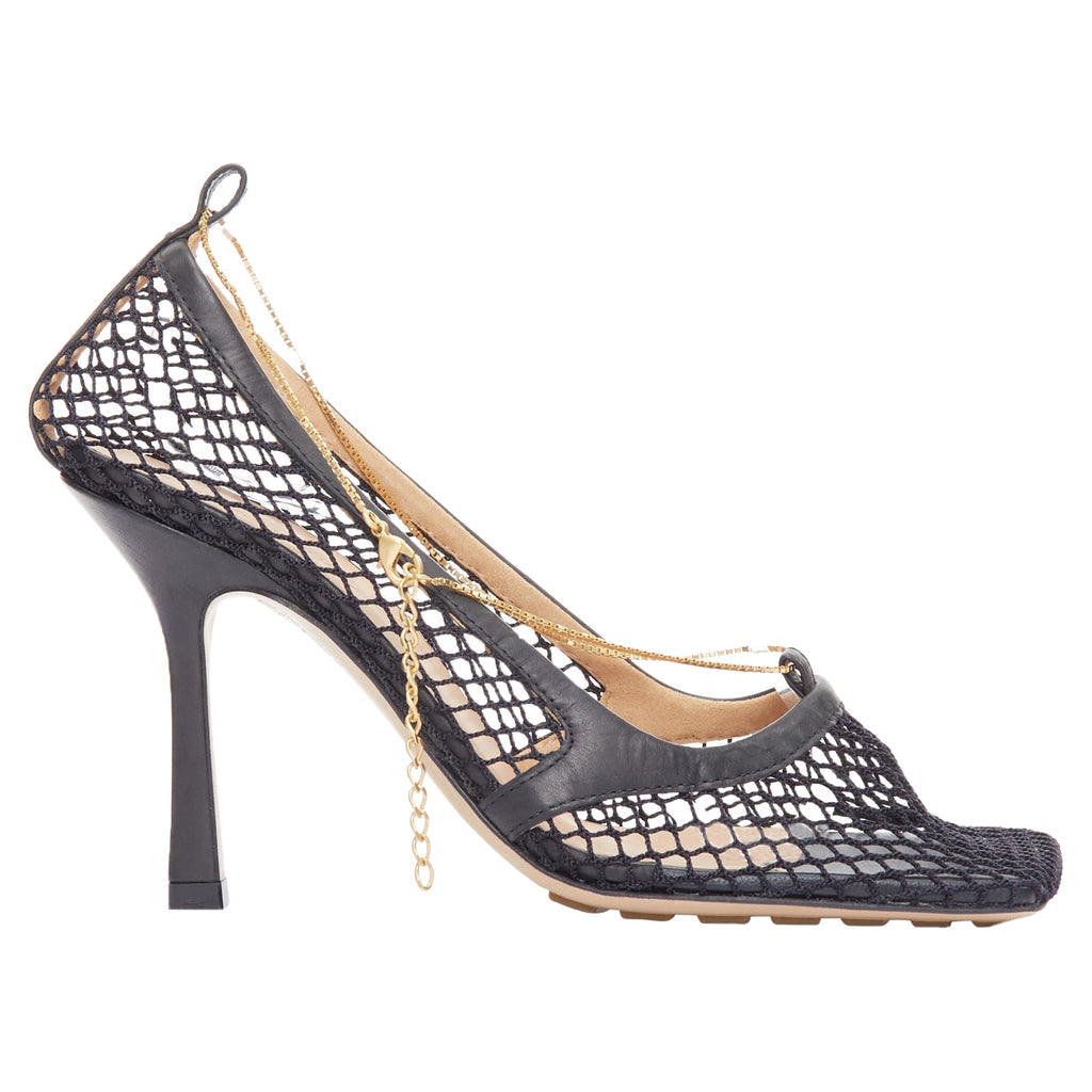 Women's Bottega Veneta stretch leather mesh net gold chain spool heels