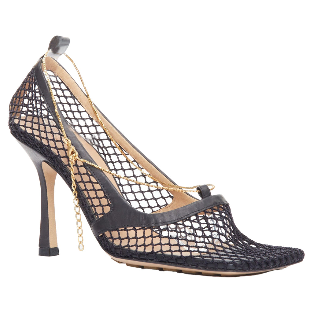 Women's Bottega Veneta stretch leather mesh net gold chain spool heels