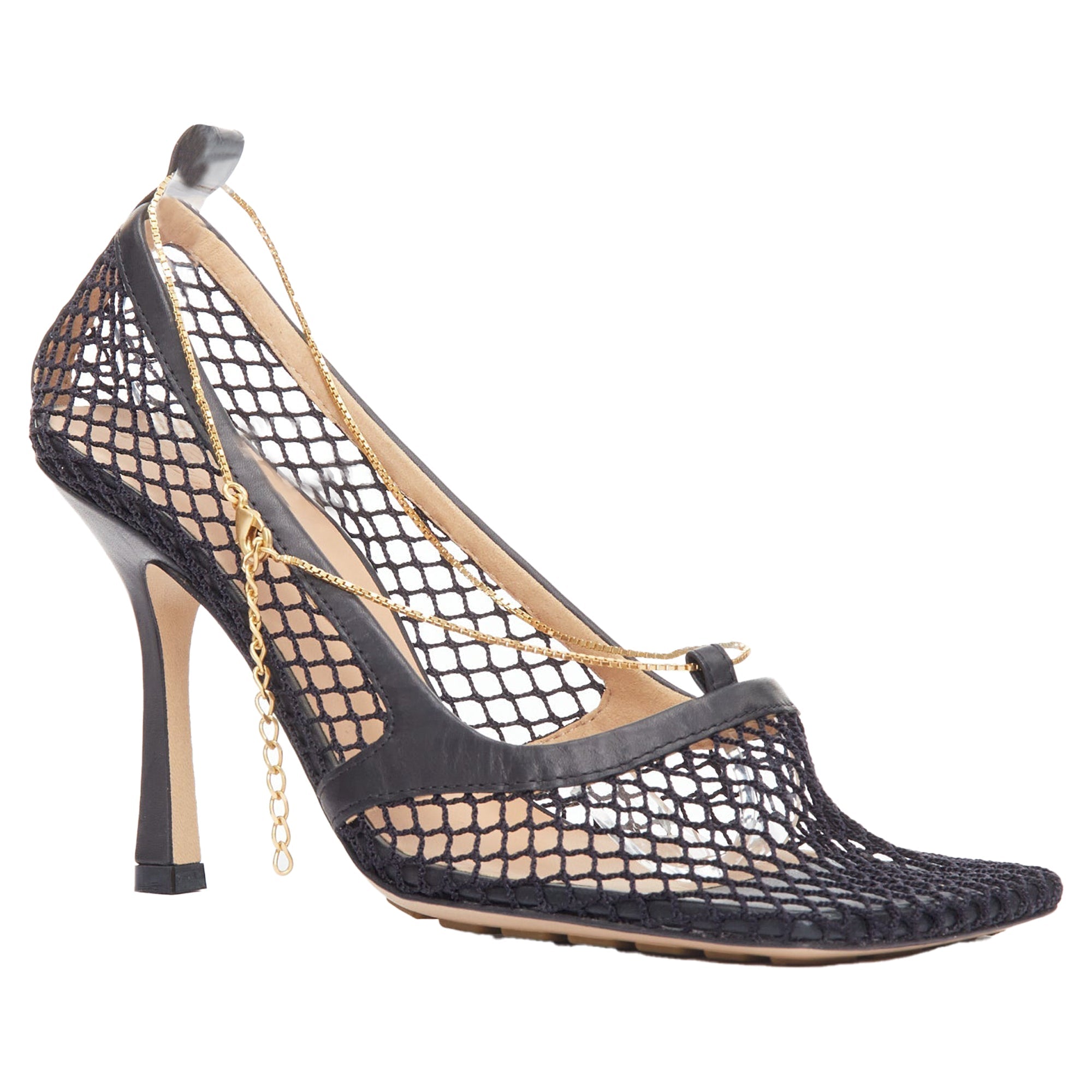 Women's Bottega Veneta stretch leather mesh net gold chain spool heels
