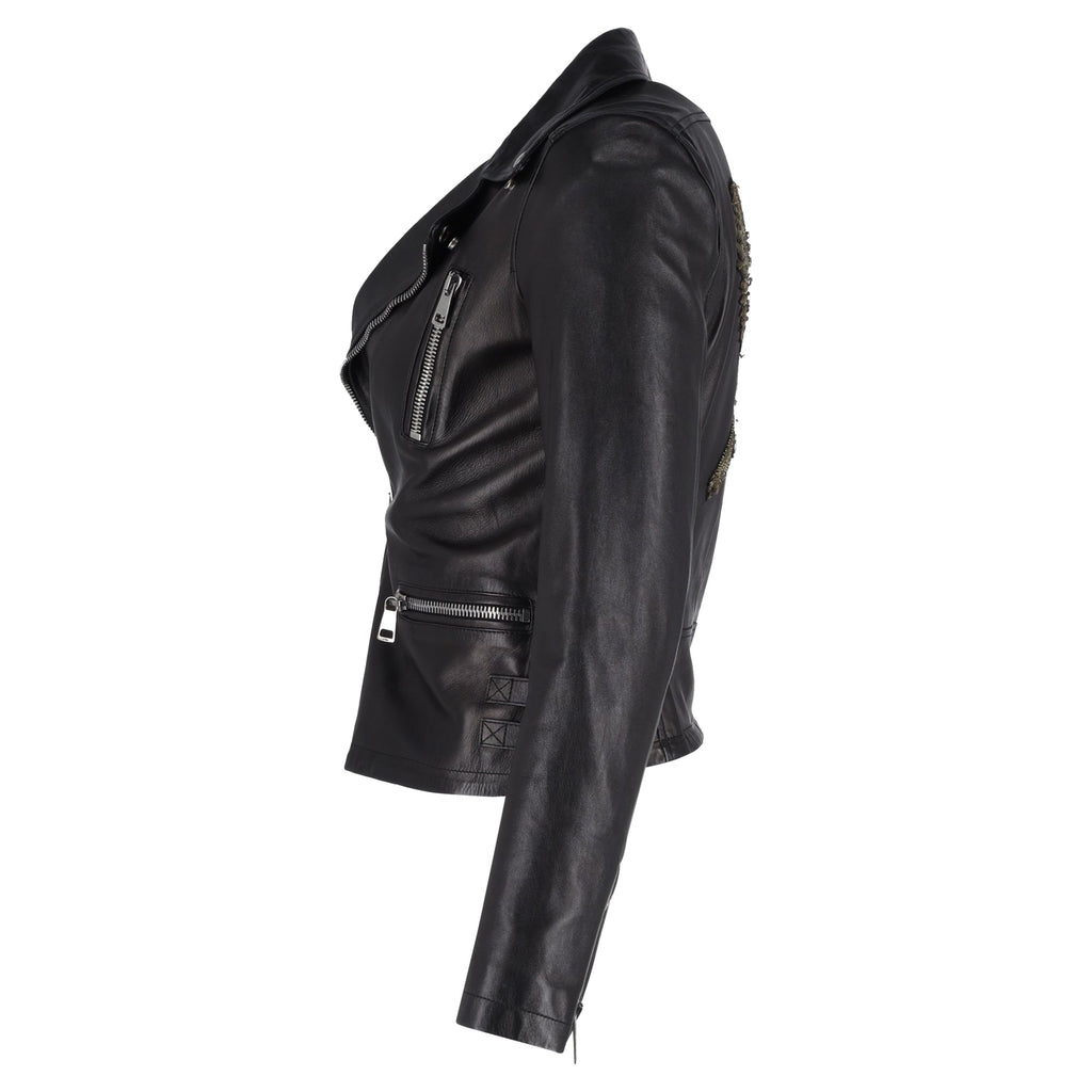 Gucci Bird-Embroidered Biker Jacket in Black Leather