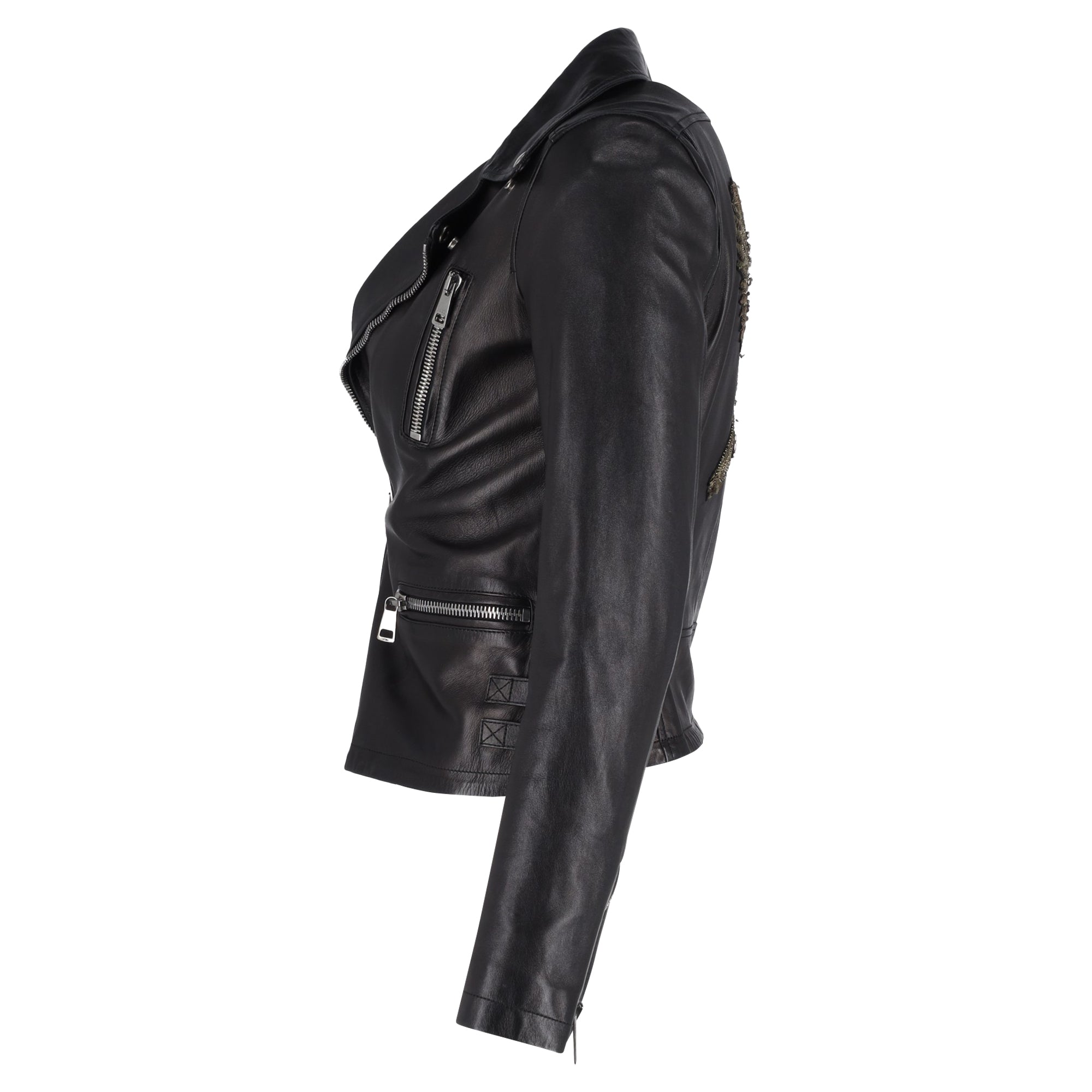 Gucci Bird-Embroidered Biker Jacket in Black Leather