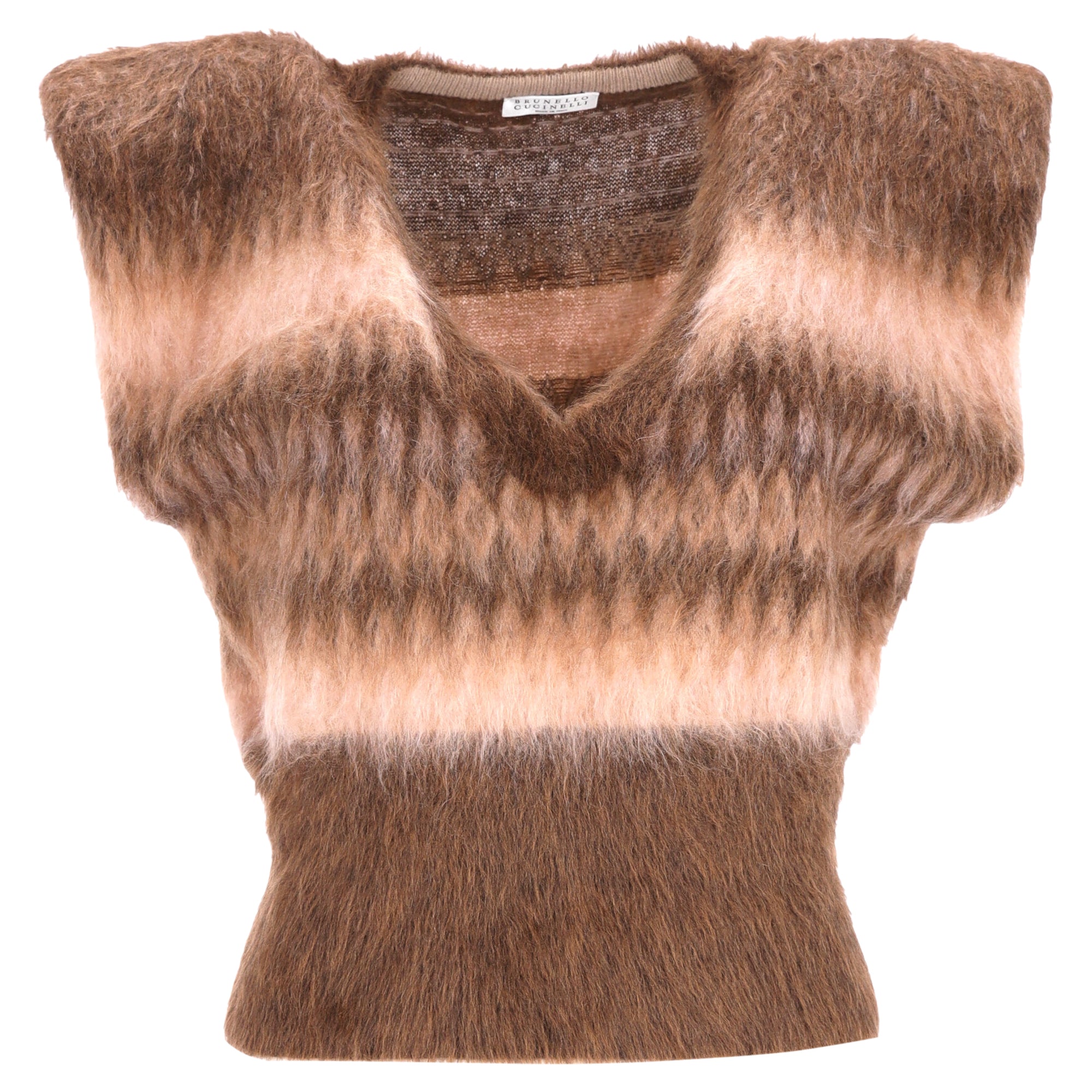 Brunello Cucinelli Chevron V-Neck Vest Sweater in Brown Mohair Wool