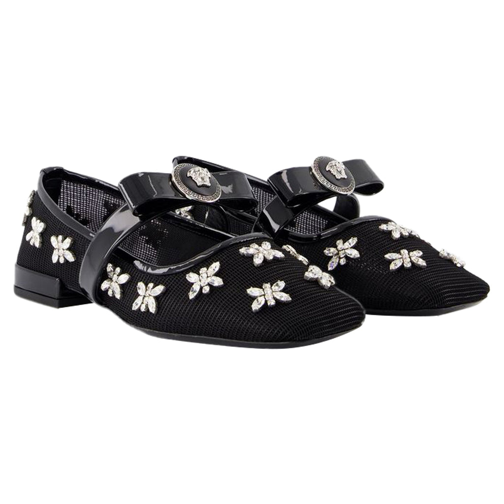 Women's Gianni Ribbon Flat Shoes - Versace - Leather - Black