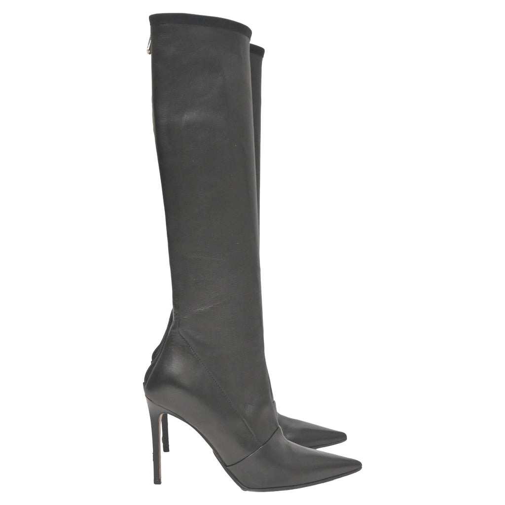 Balmain Pointed-Toe Knee-High Heeled Boots in Black Leather