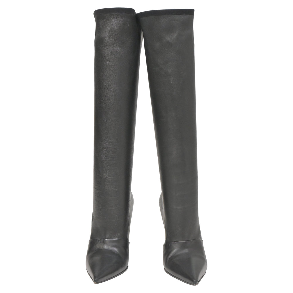 Balmain Pointed-Toe Knee-High Heeled Boots in Black Leather