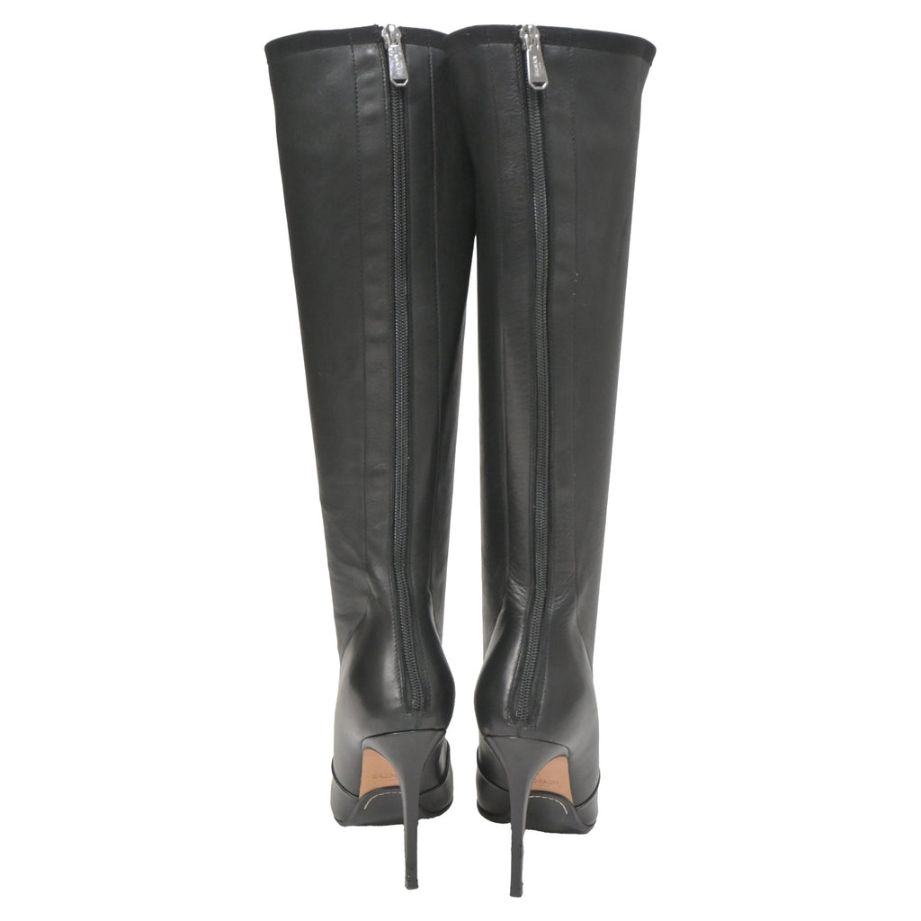 Balmain Pointed-Toe Knee-High Heeled Boots in Black Leather