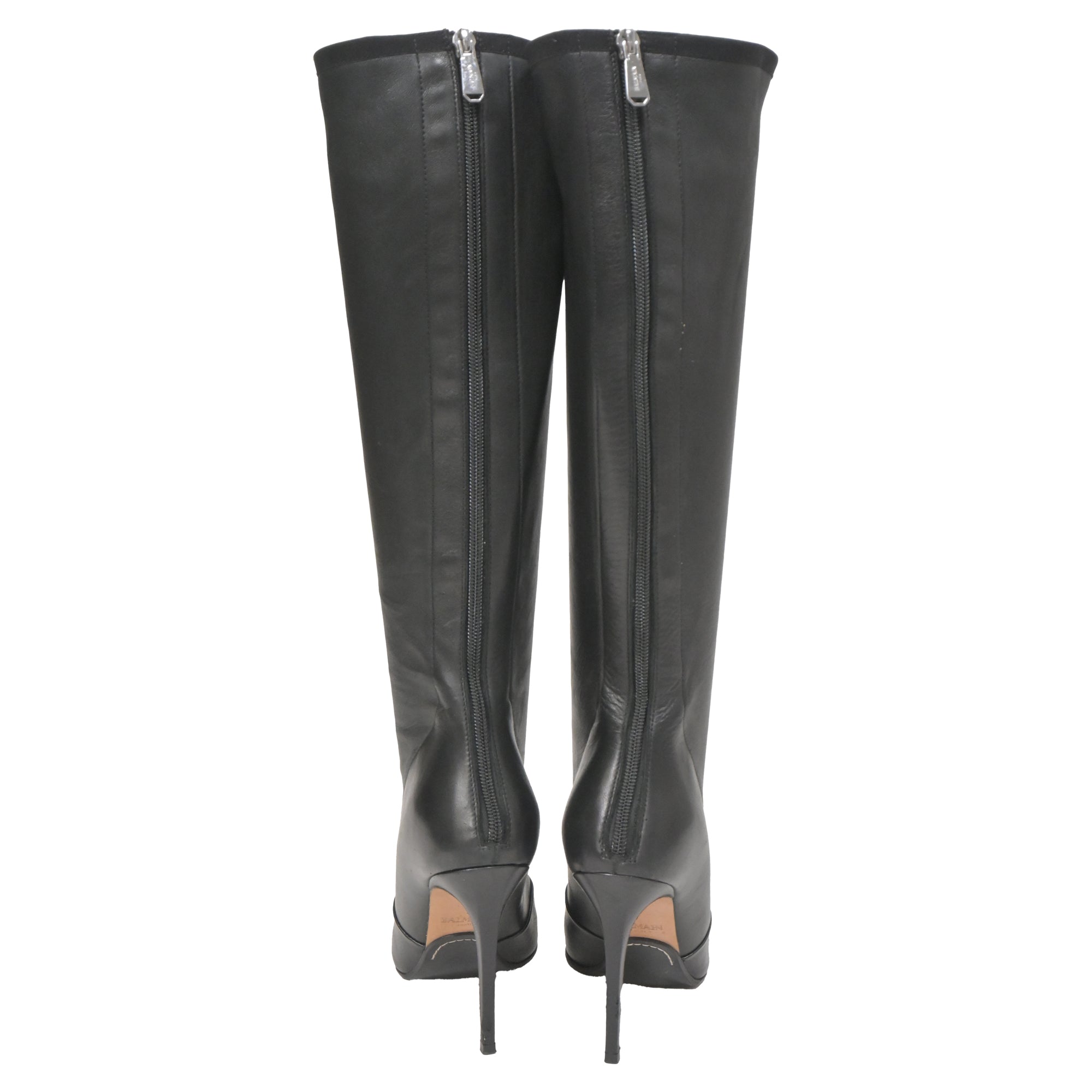 Balmain Pointed-Toe Knee-High Heeled Boots in Black Leather
