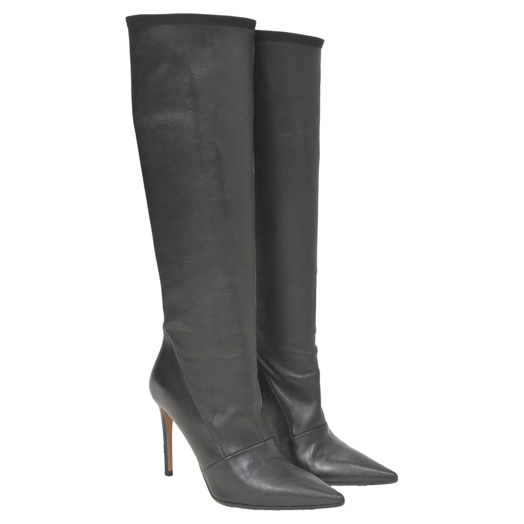 Balmain Pointed-Toe Knee-High Heeled Boots in Black Leather