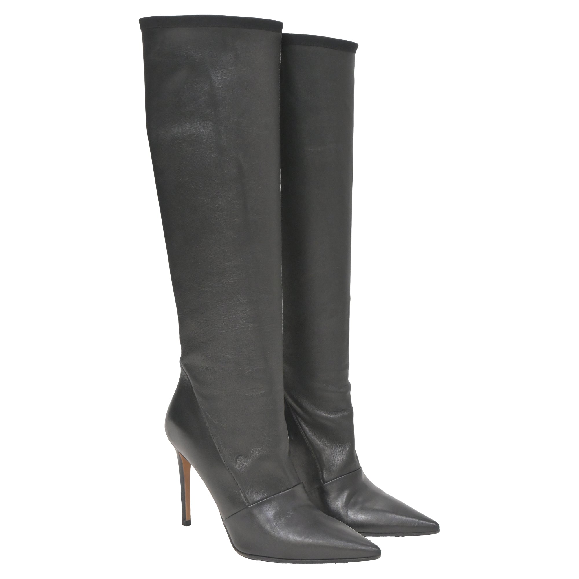 Balmain Pointed-Toe Knee-High Heeled Boots in Black Leather
