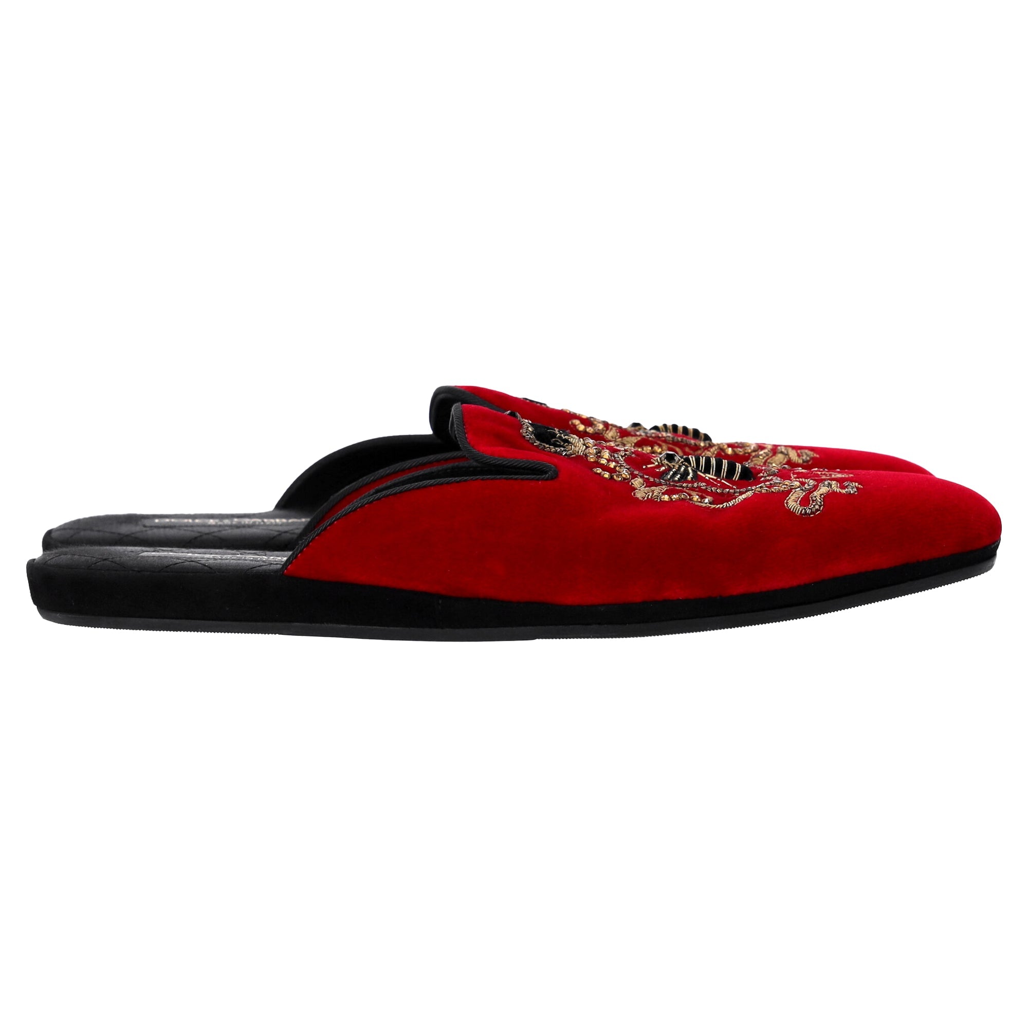 Men's  Dolce & Gabbana Embroidered Flat Mules in Red Velvet