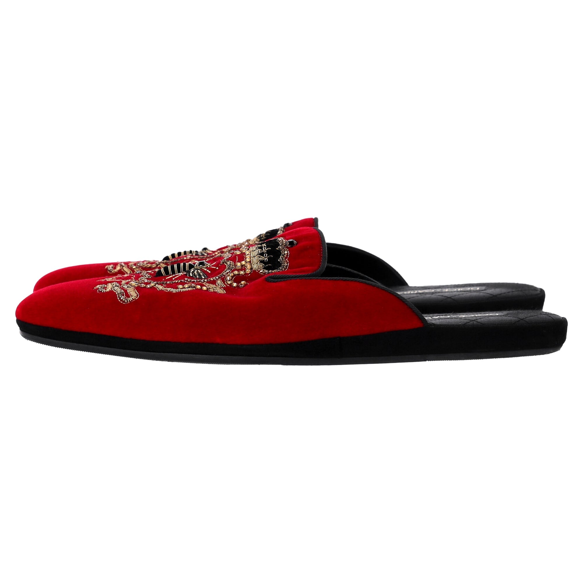 Men's  Dolce & Gabbana Embroidered Flat Mules in Red Velvet