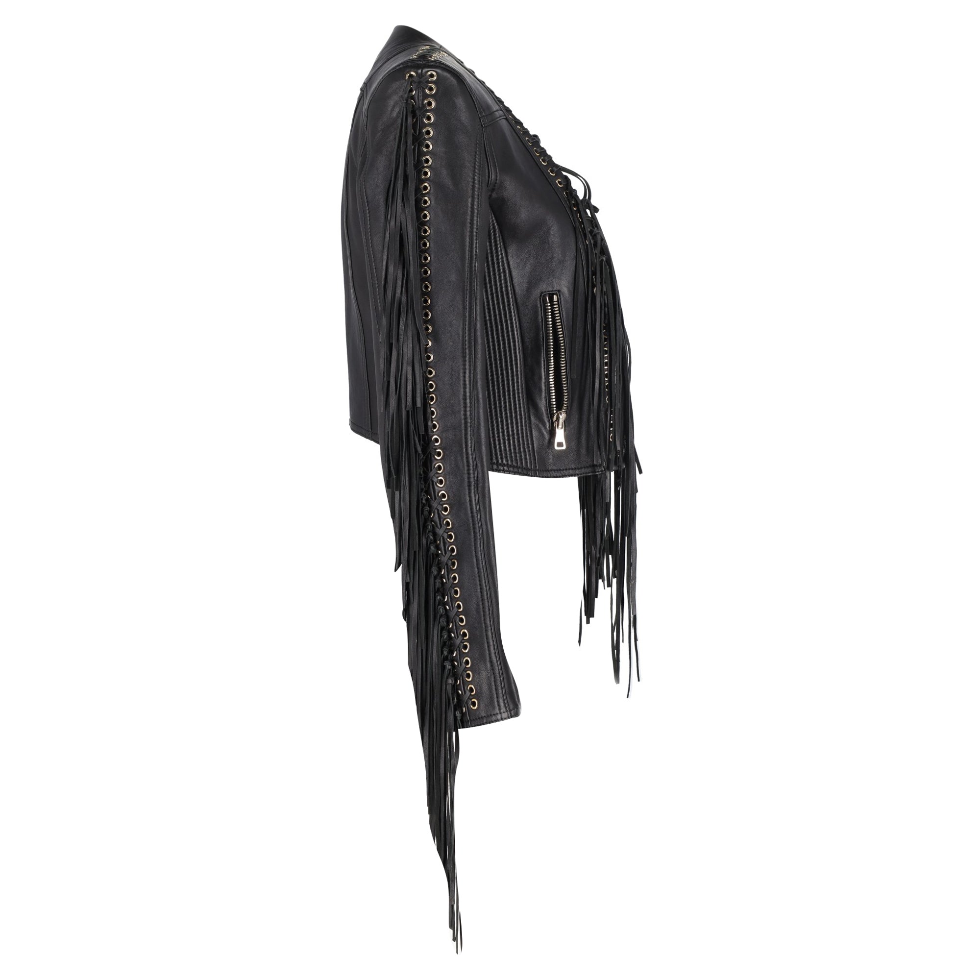 Balmain Fringe Cropped Jacket in Black Leather