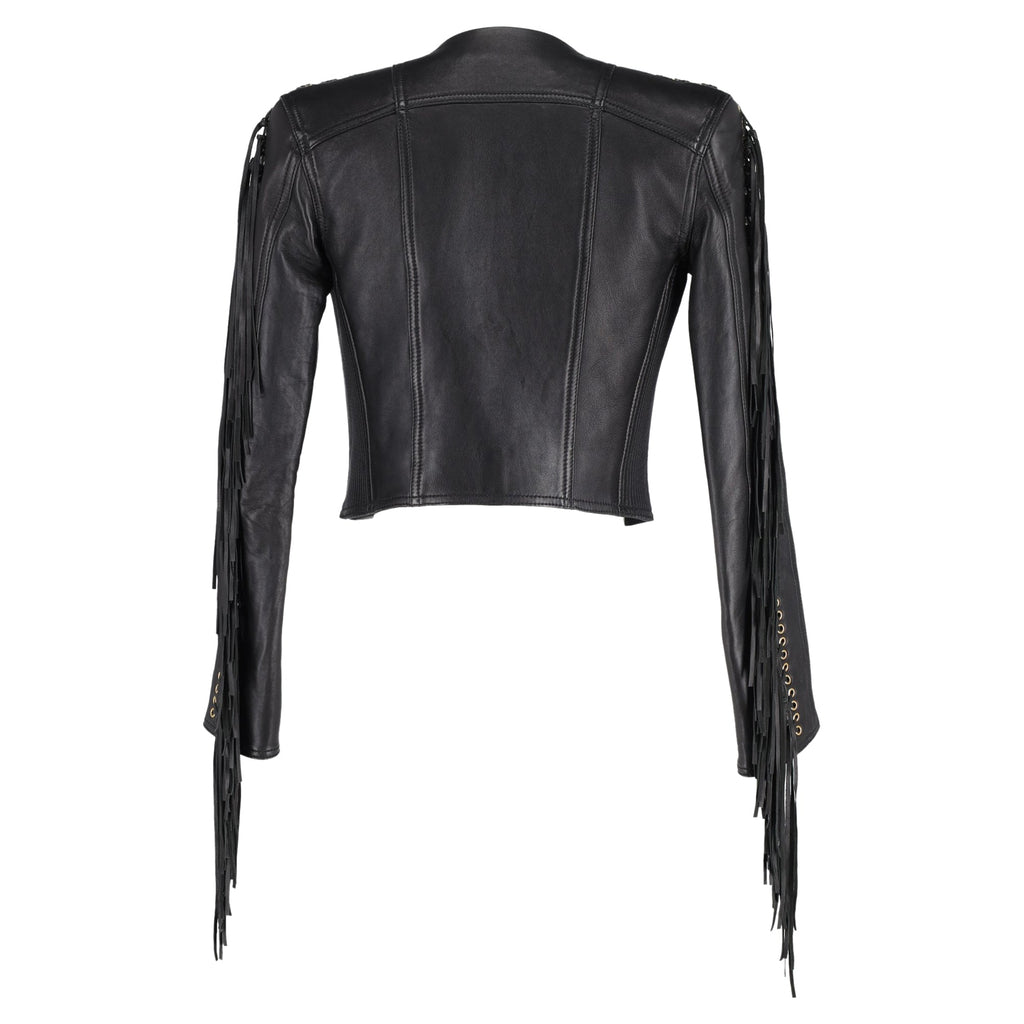 Balmain Fringe Cropped Jacket in Black Leather