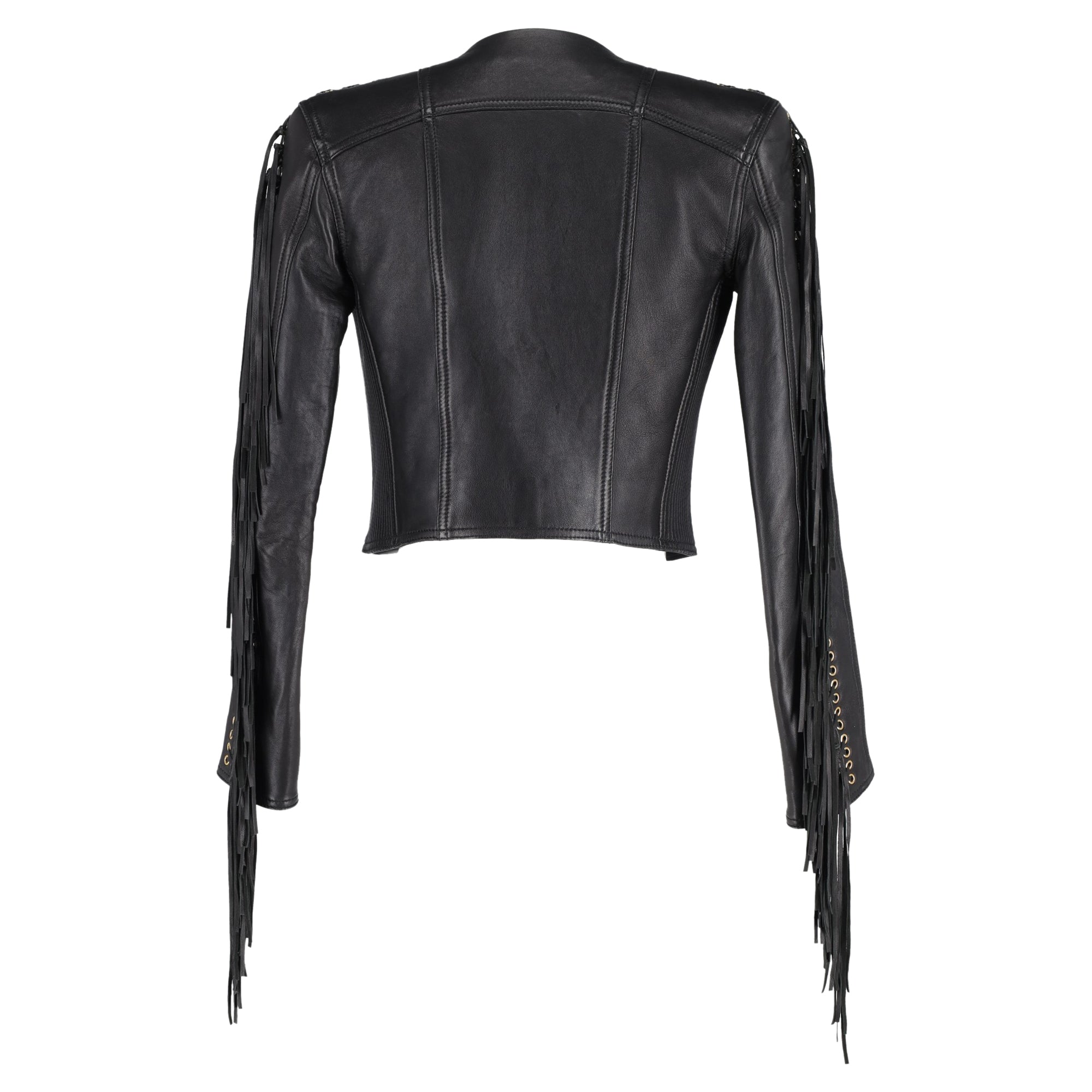 Balmain Fringe Cropped Jacket in Black Leather
