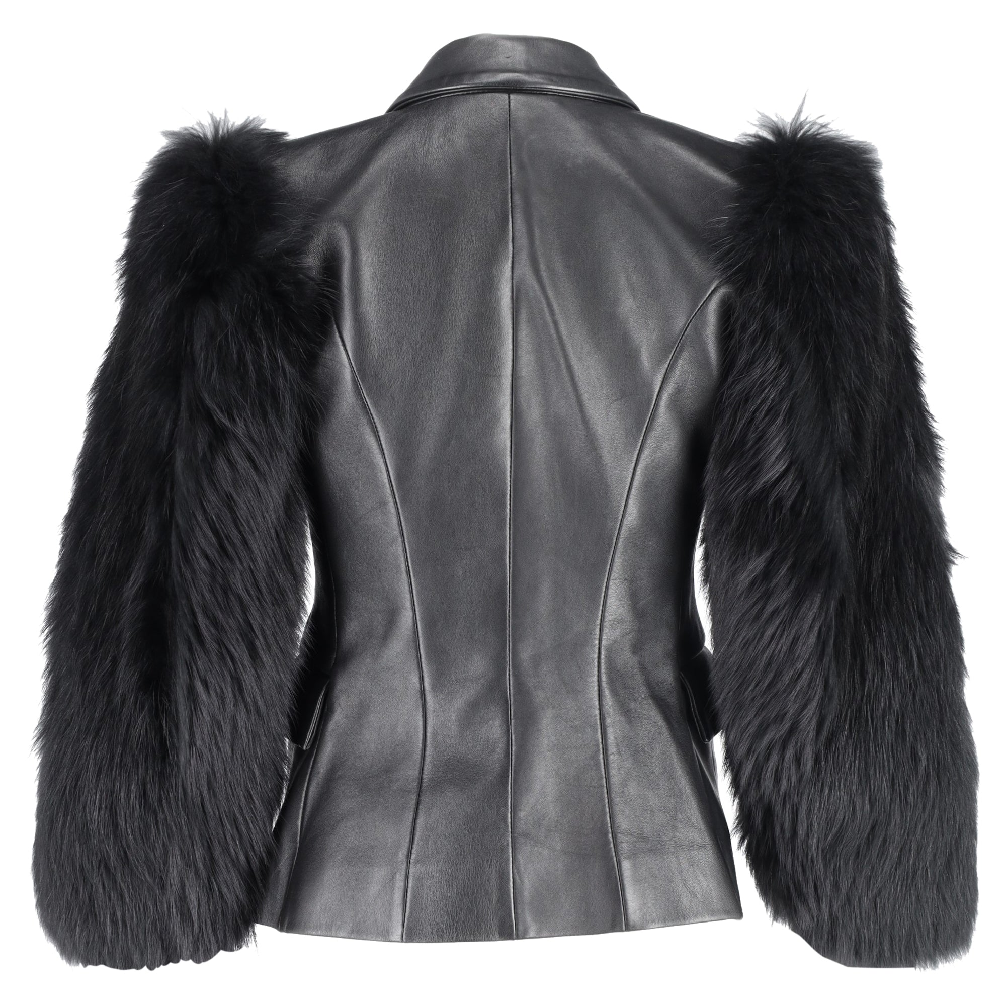 Balmain Single Breasted Fur Sleeve Blazer in Black Leather