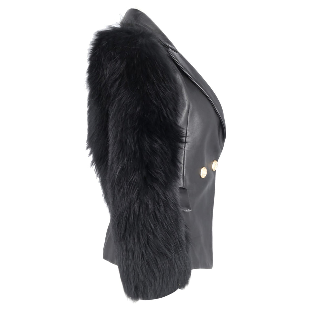 Balmain Single Breasted Fur Sleeve Blazer in Black Leather