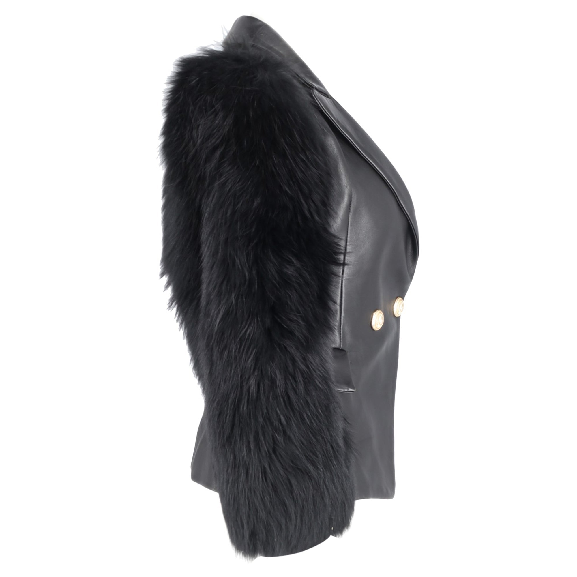 Balmain Single Breasted Fur Sleeve Blazer in Black Leather