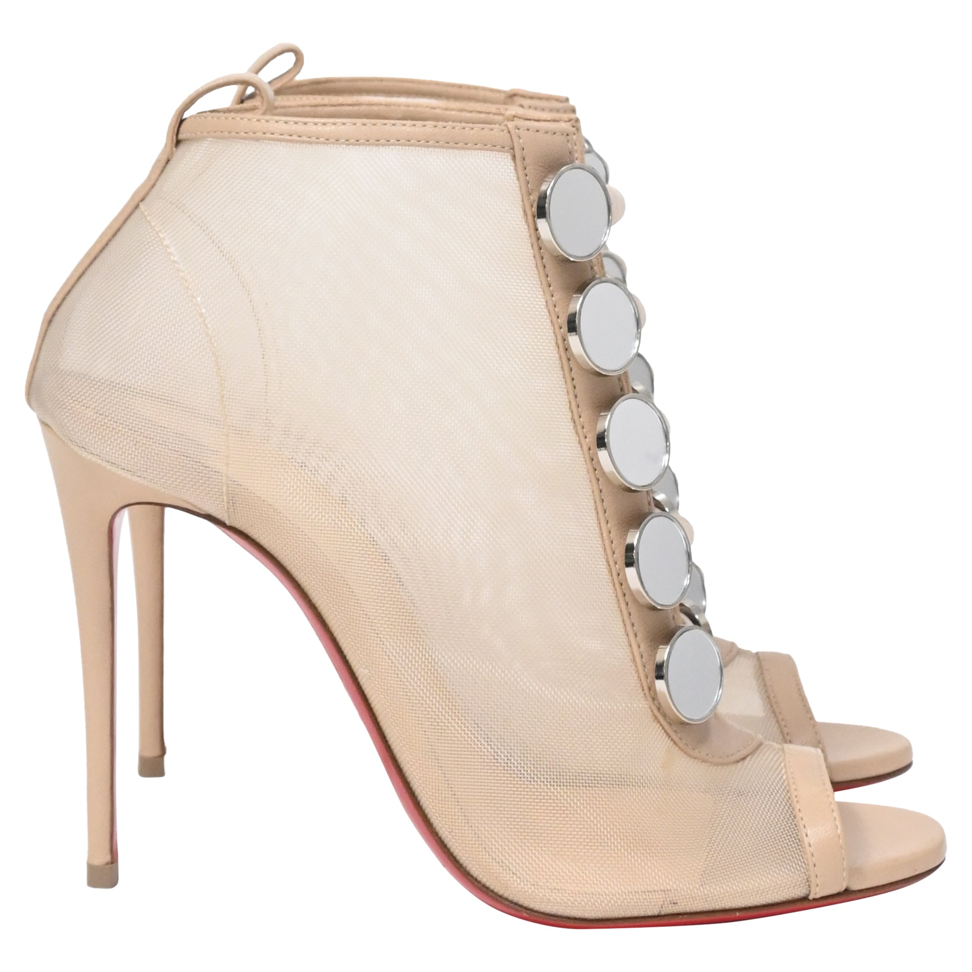 Christian Louboutin Marika 100 Embellished Peep-Toe Boots in Nude Mesh