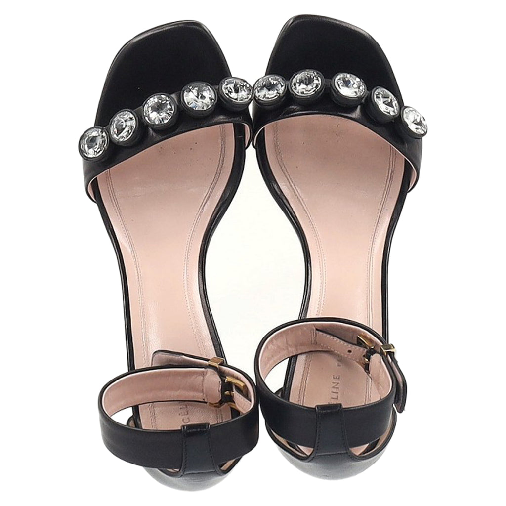 Celine Crystal Embellished Ankle Strap Sandal Heels in Black Leather