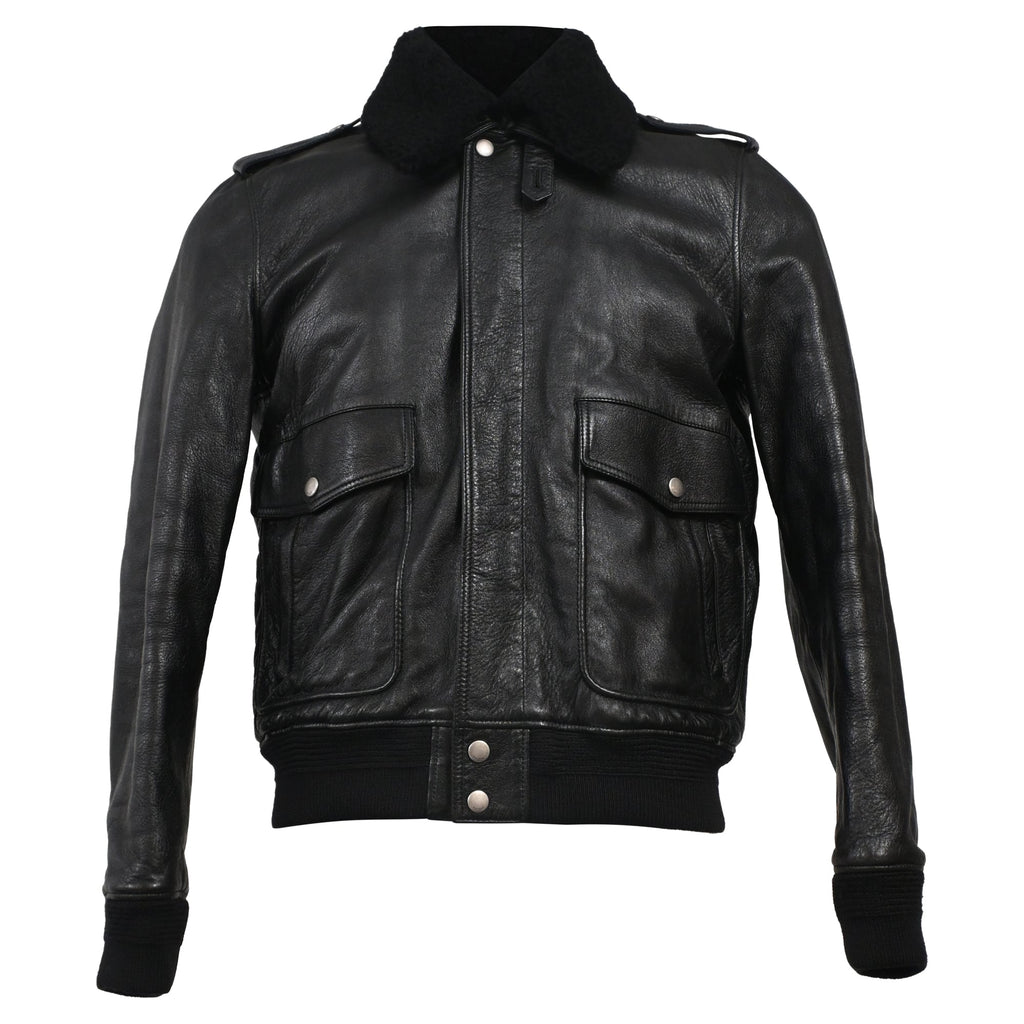 Saint Laurent Shearling Collar Aviator Bomber Jacket in Black Leather