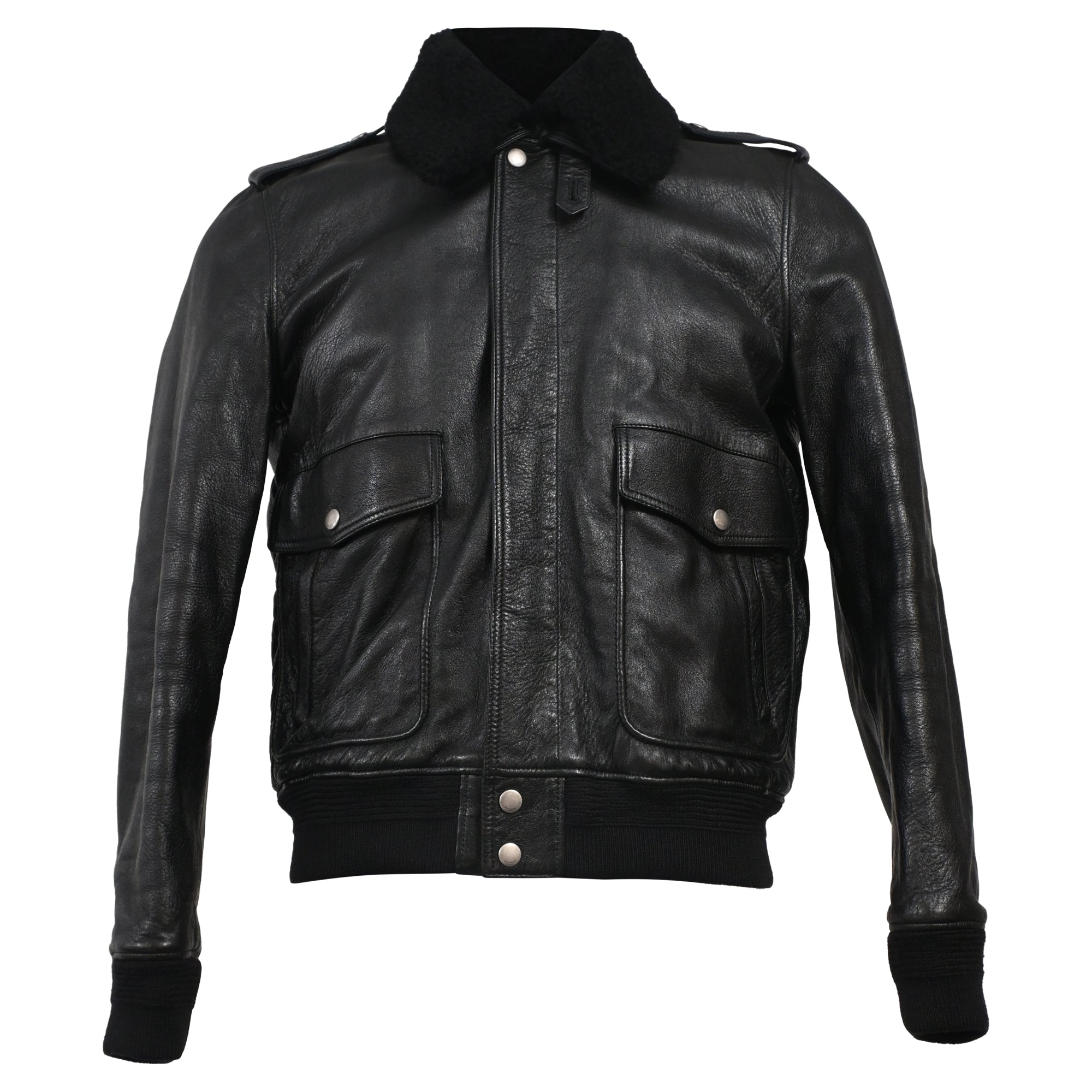 Saint Laurent Shearling Collar Aviator Bomber Jacket in Black Leather