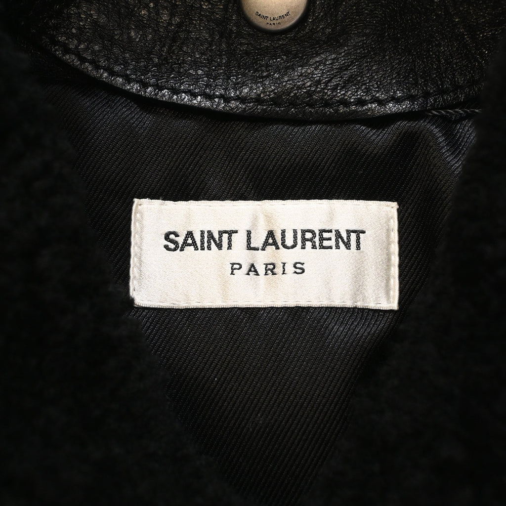 Saint Laurent Shearling Collar Aviator Bomber Jacket in Black Leather