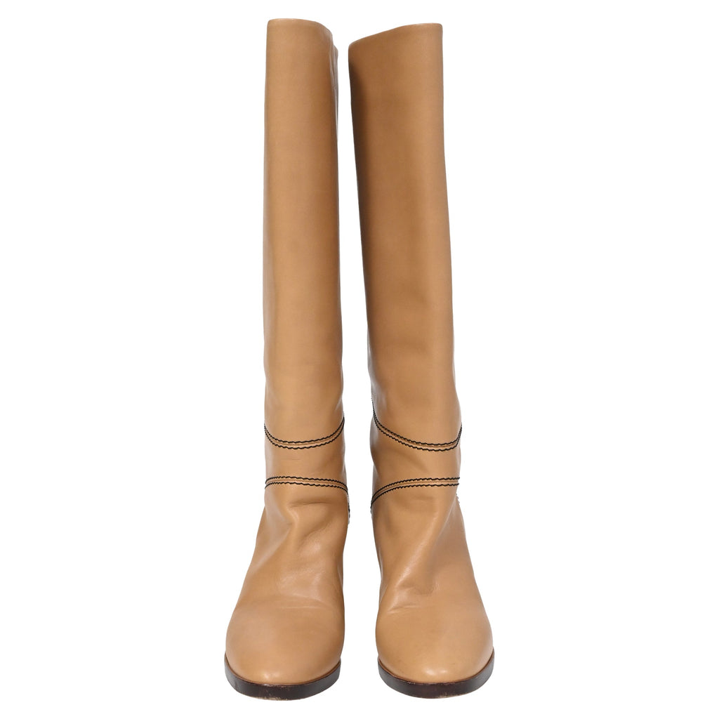 Chloé Knee-High Riding Heeled Boots in Brown Leather