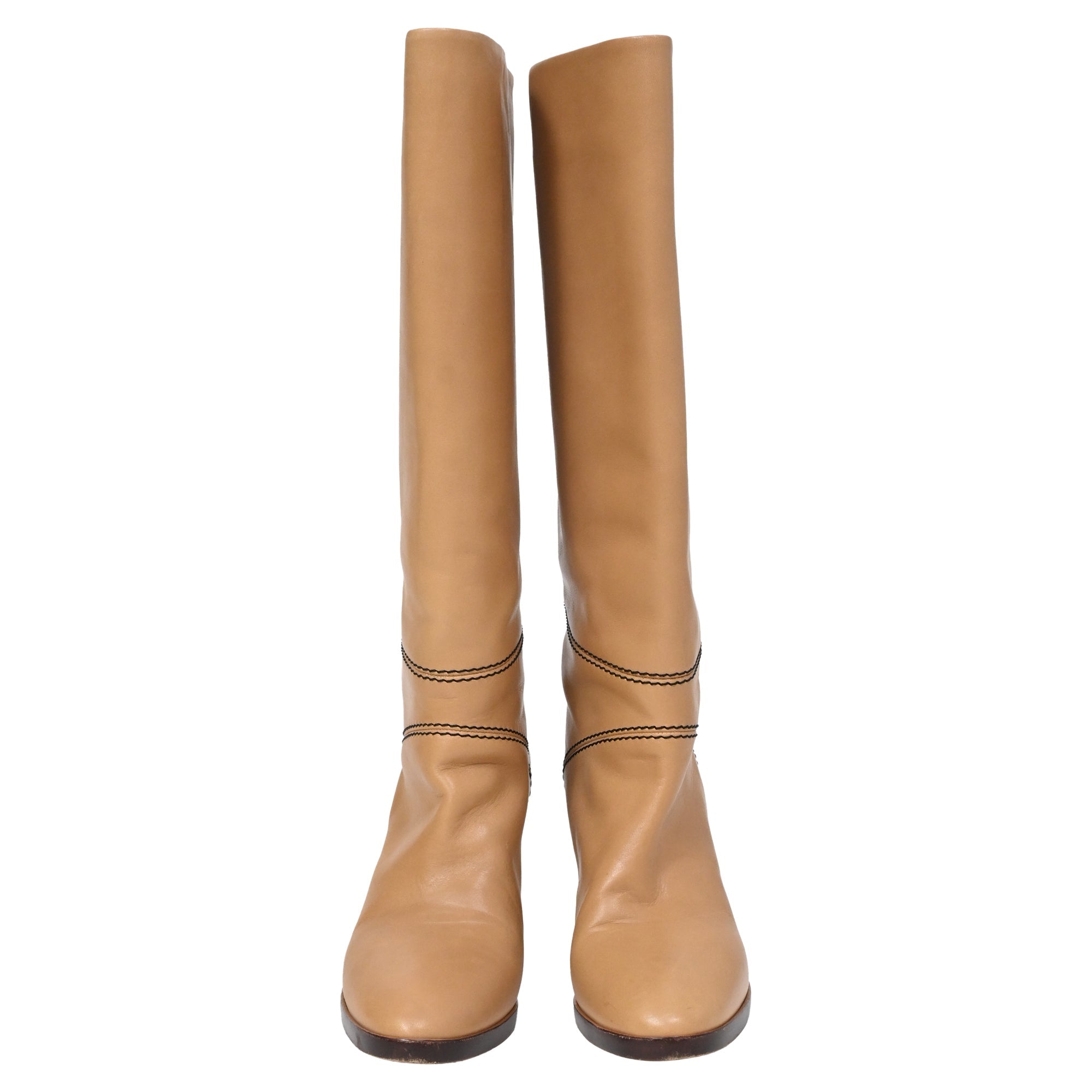 Chloé Knee-High Riding Heeled Boots in Brown Leather